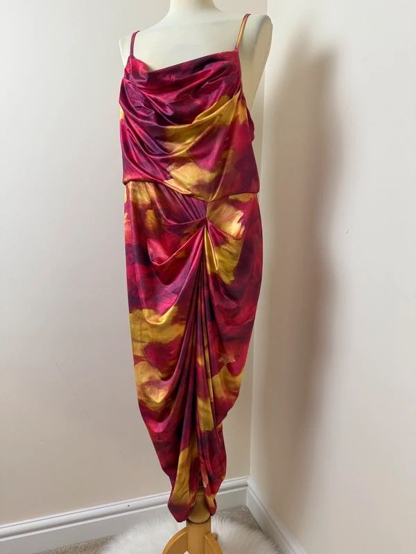 Shein Curve Abstract Ruched Midi Dress XXL Cowl Neck Split BNWT