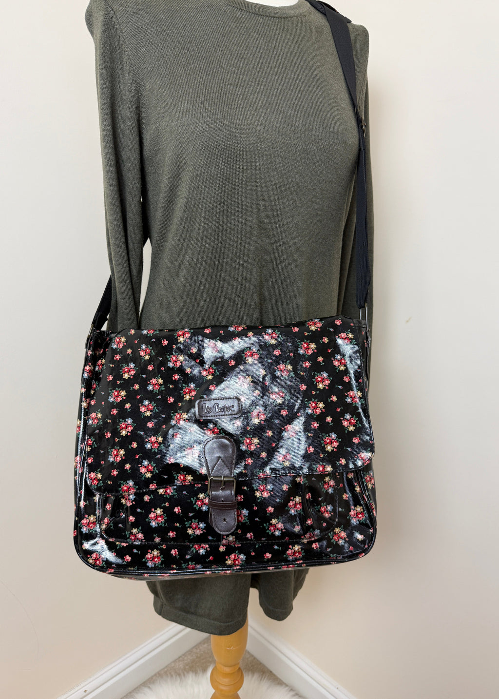 Lee Cooper Black Floral Messenger Bag Glossy Canvas Crossbody Studded