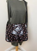 Lee Cooper Black Floral Messenger Bag Glossy Canvas Crossbody Studded