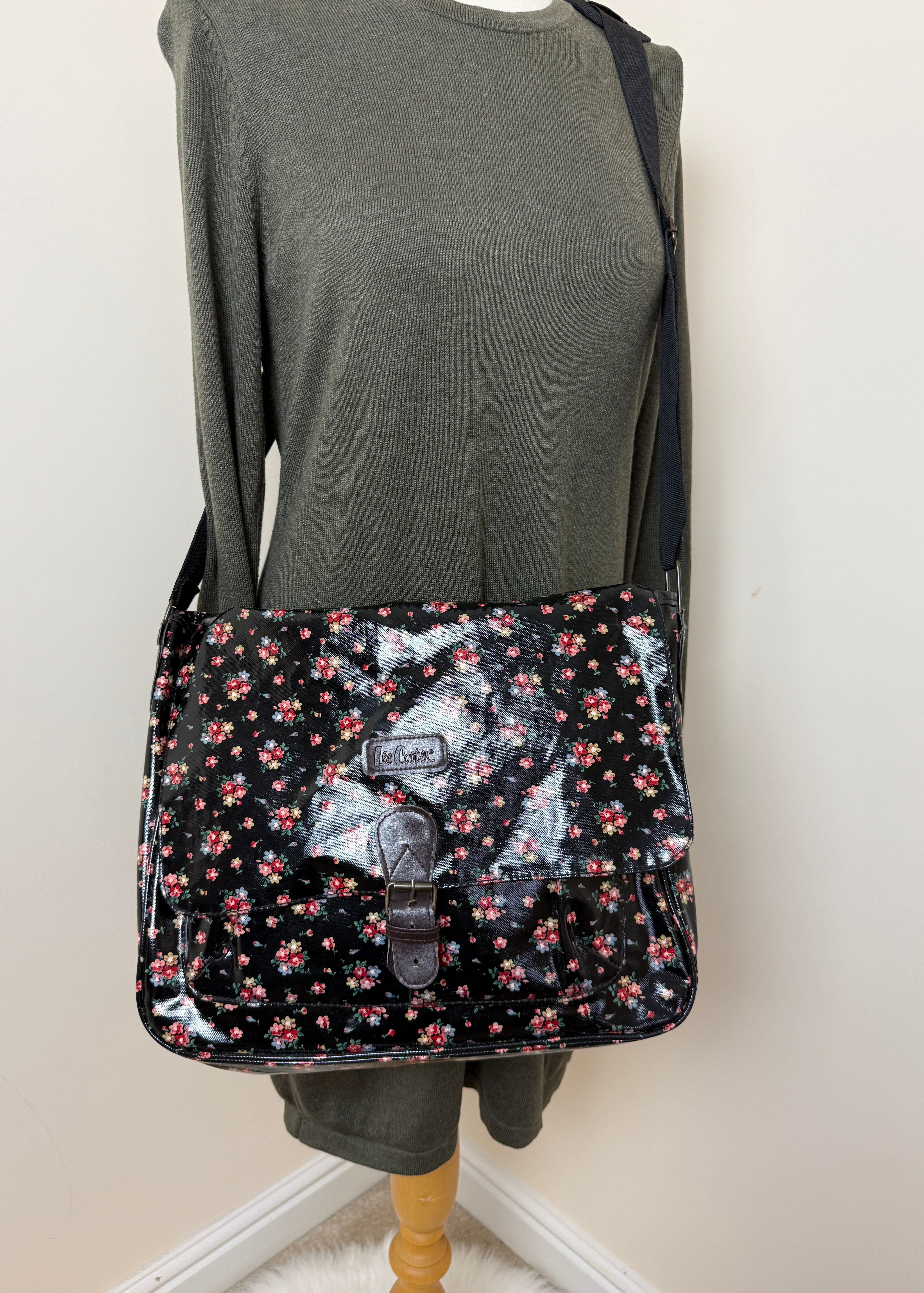 Lee Cooper Black Floral Messenger Bag Glossy Canvas Crossbody Studded
