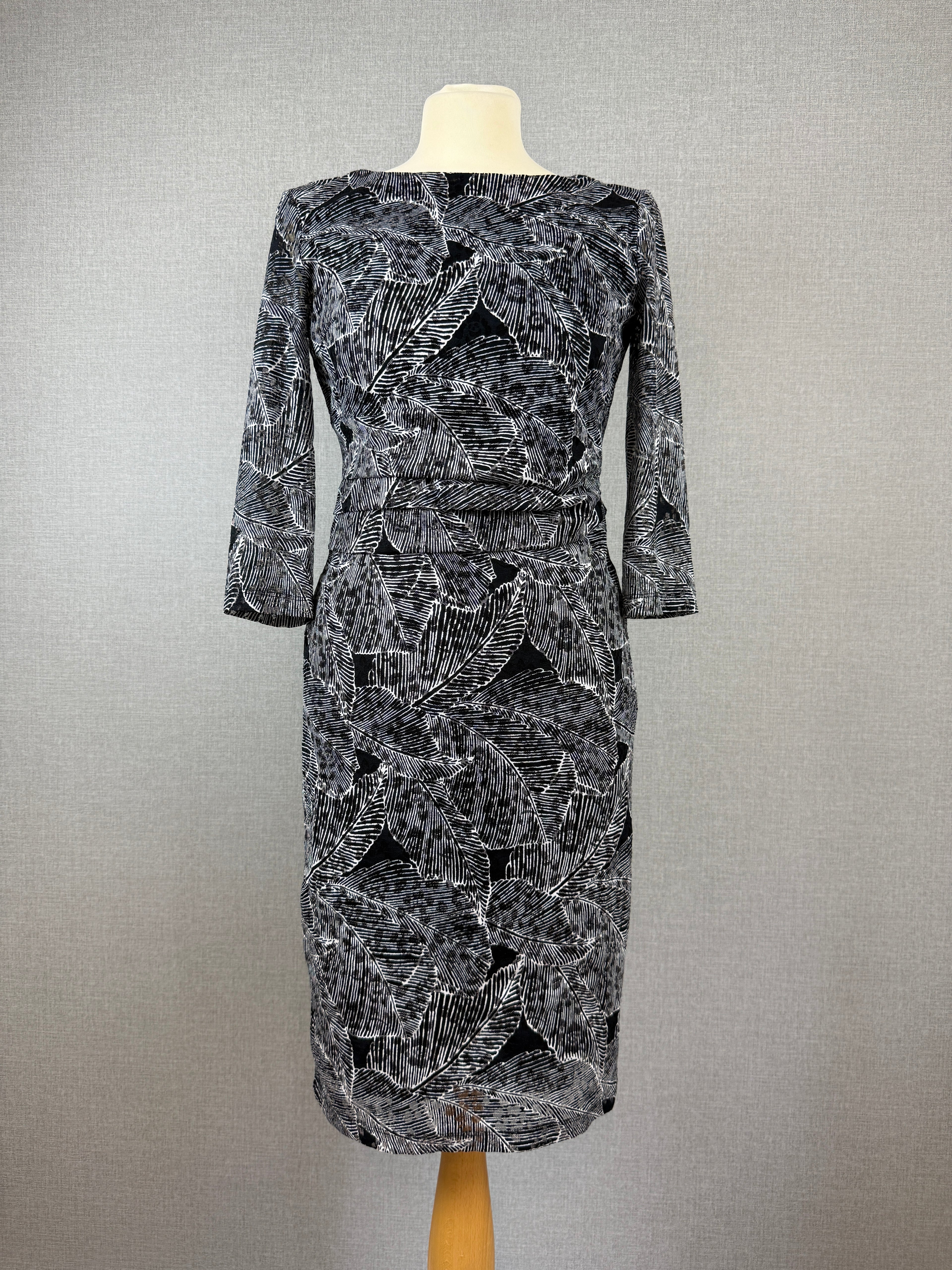 Phase Eight Black & White Leaf Print Sheath Dress UK 10 - Preloved