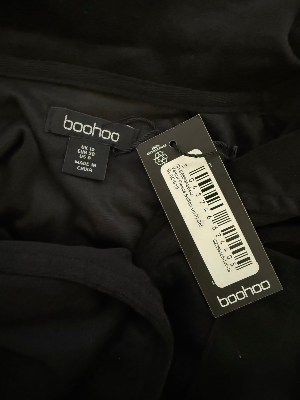 Boohoo Black Velour PJ / Loungewear Long Sleeve Top - BNWT - Size 10