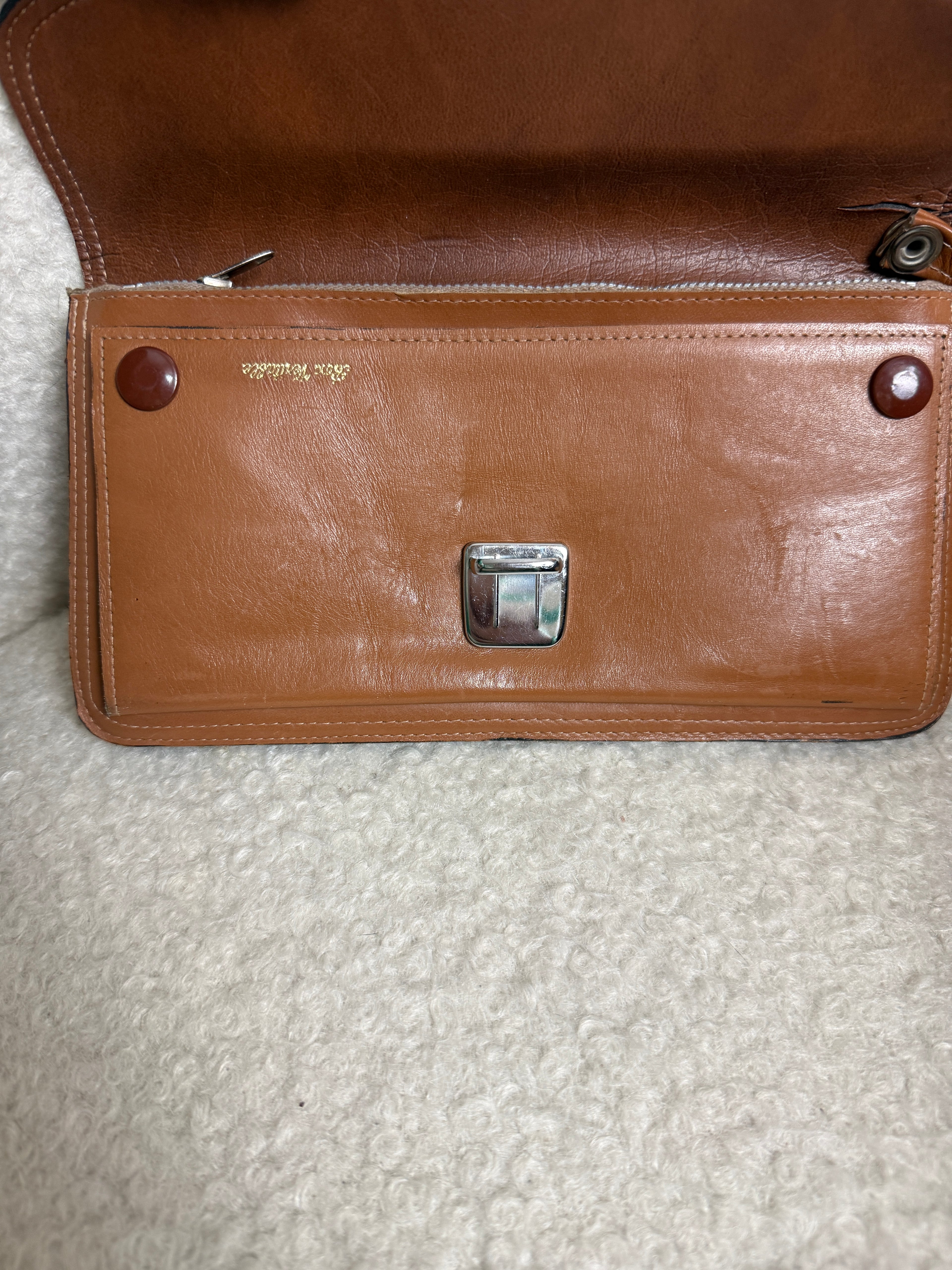 Vintage French Brown Cowhide Leather Clutch Bag Box Veritable Wrist Strap