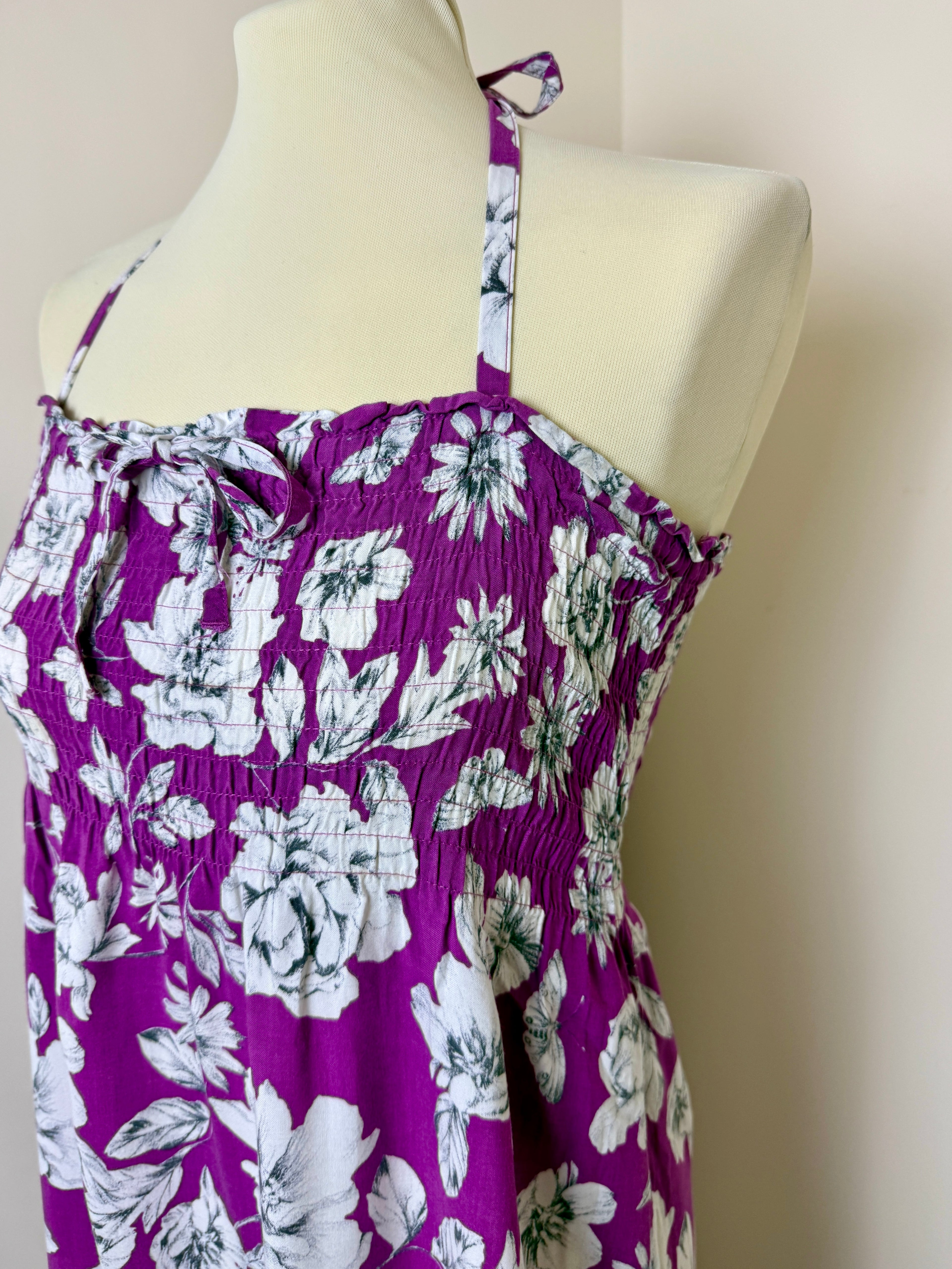 M&S Woman Purple Floral Shirred Halterneck Maxi Dress Small