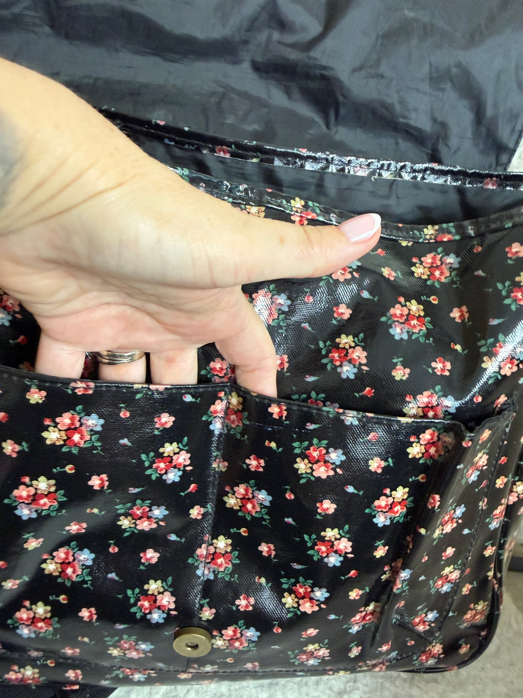 Lee Cooper Black Floral Messenger Bag Glossy Canvas Crossbody Studded
