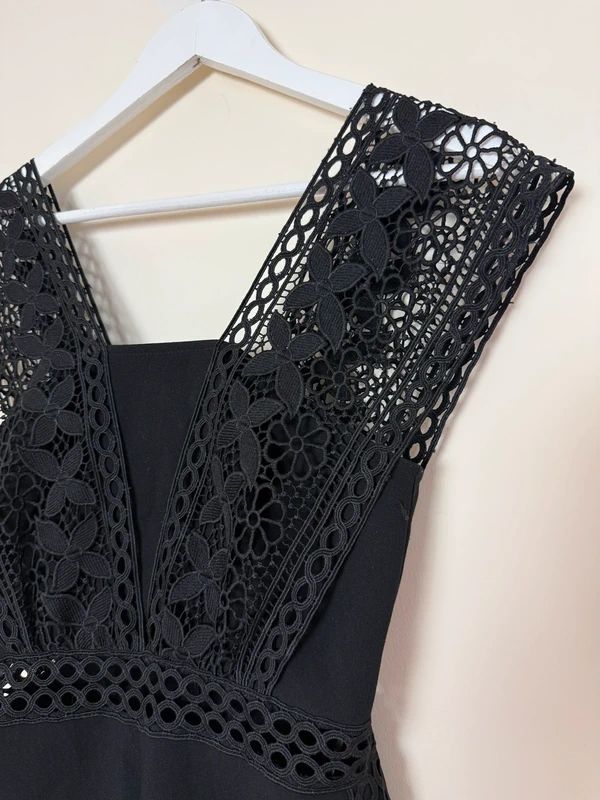 Topshop Lace Playsuit Black Crochet Detail V Neck Back Zip UK8