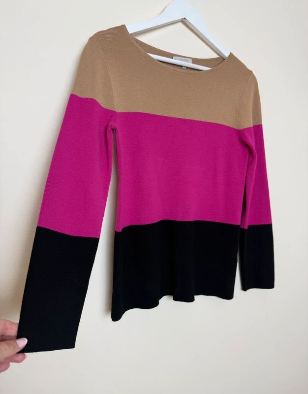 Hobbs Colour Block Knit Jumper Pink Beige Black Scoop Neck Small