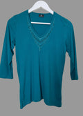 Lebek Teal Embellished V-Neck 3/4 Sleeve Top UK 12