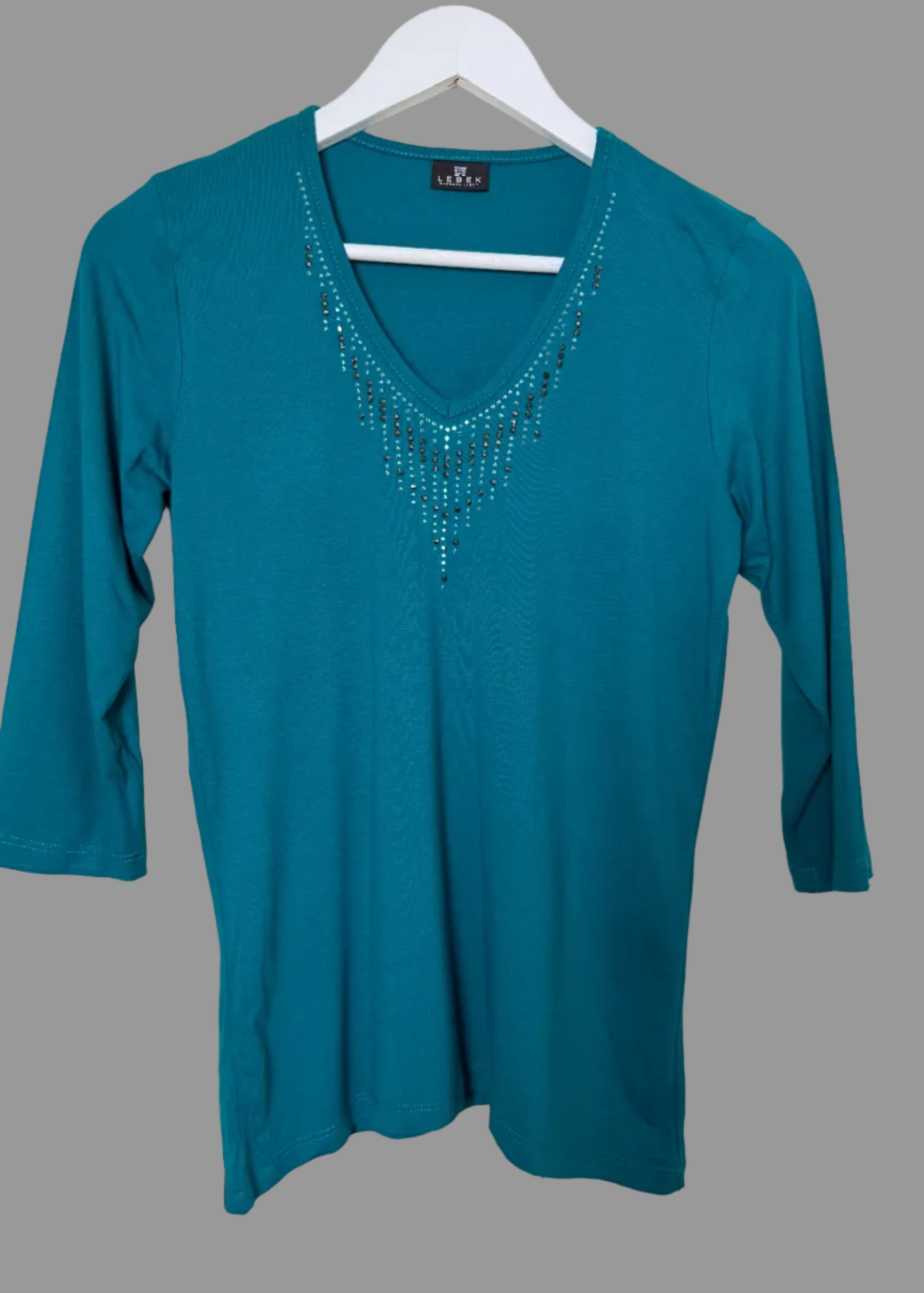 Lebek Teal Embellished V-Neck 3/4 Sleeve Top UK 12