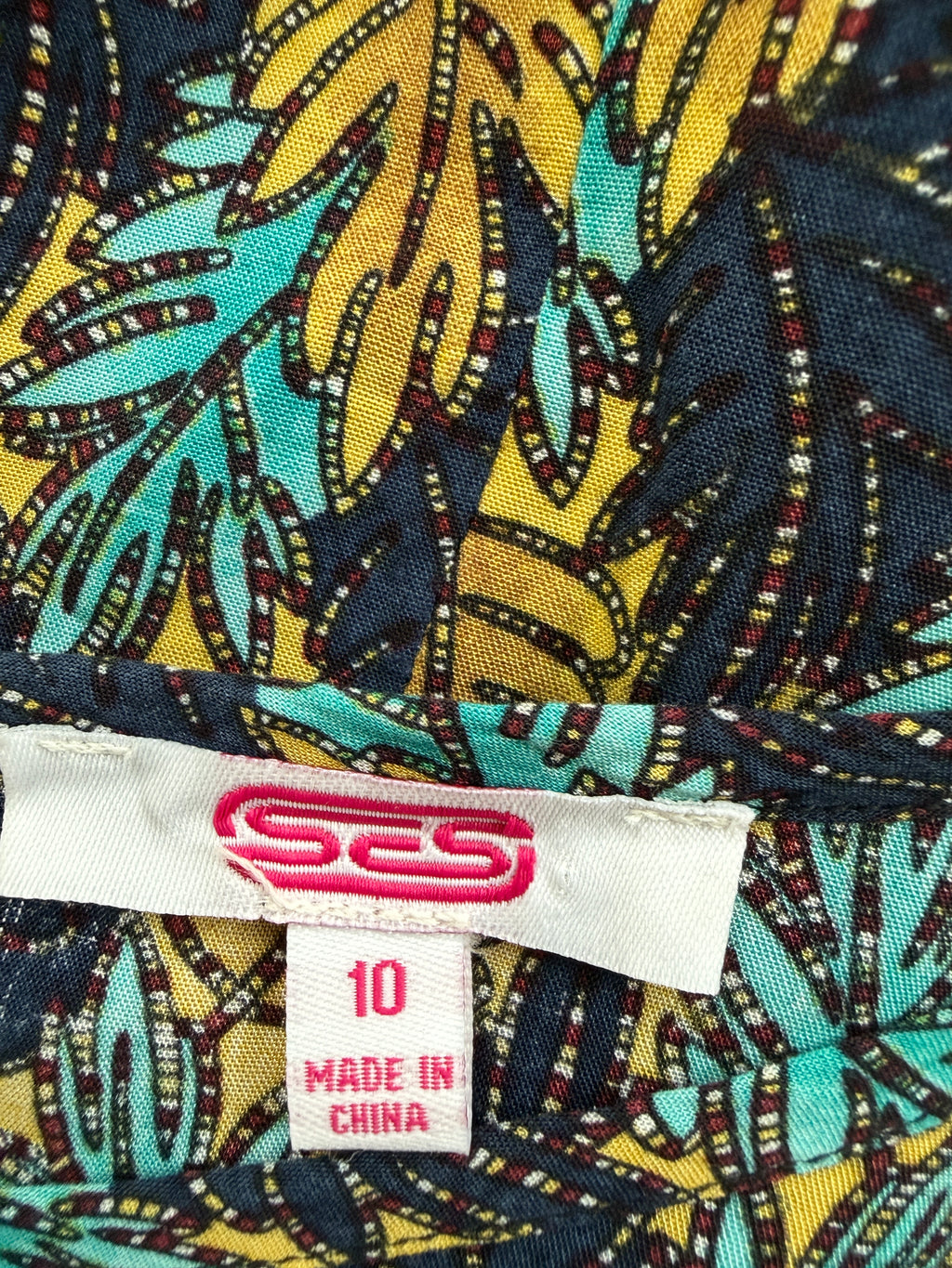 SES Fashion Leaf Print Viscose Shift Dress UK 10 Navy Mustard Turquoise