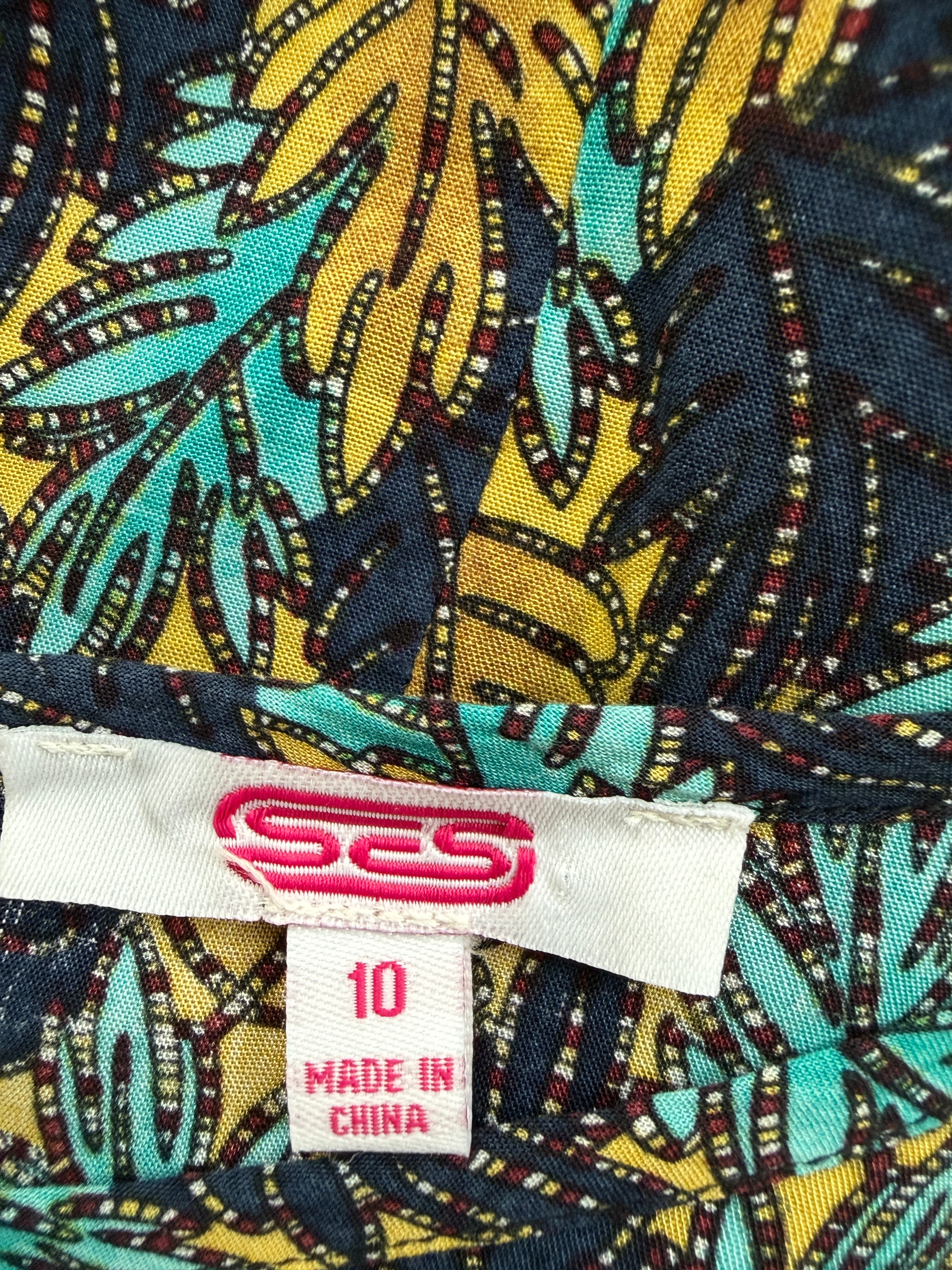 SES Fashion Leaf Print Viscose Shift Dress UK 10 Navy Mustard Turquoise