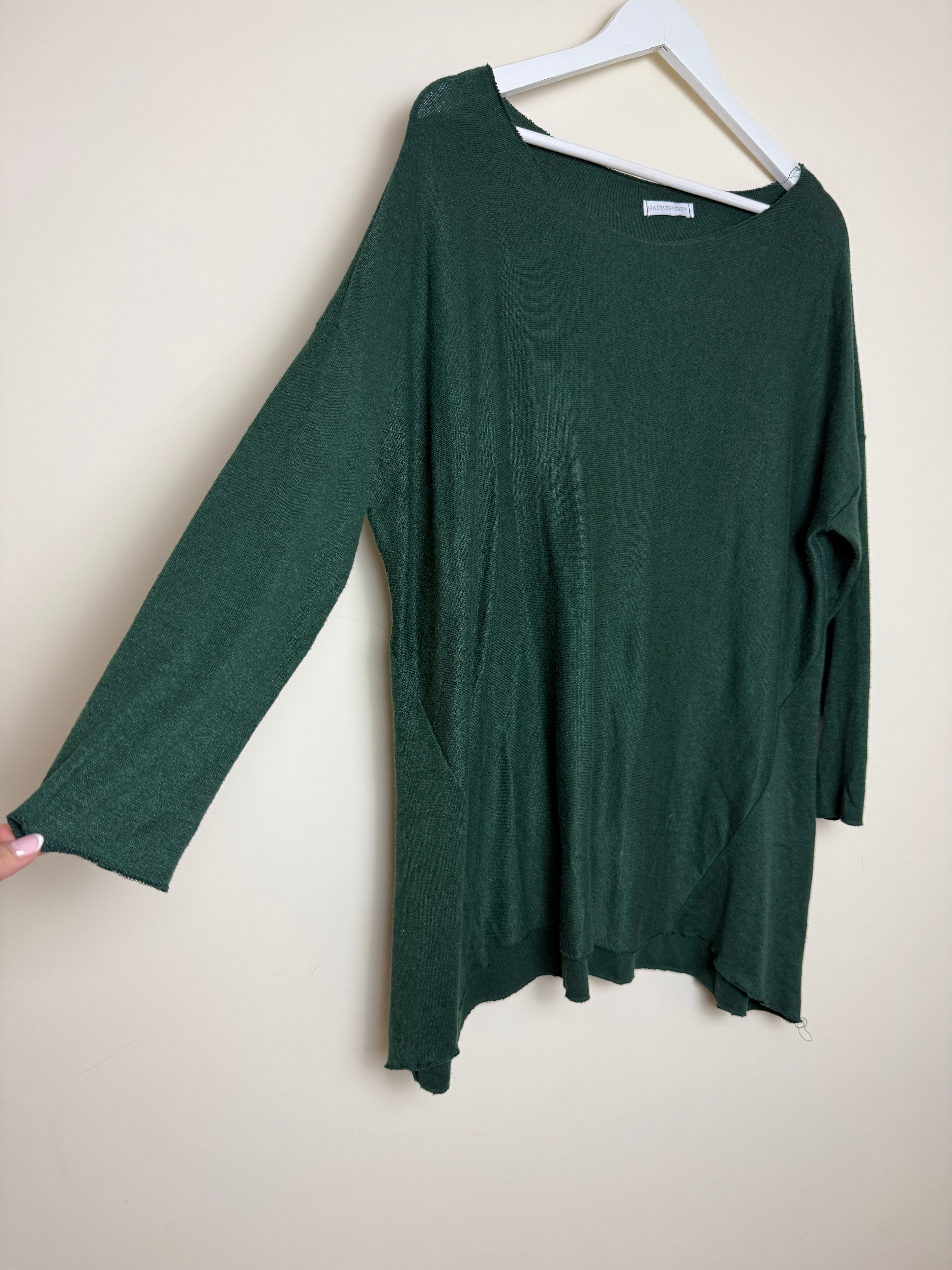 Made In Italy Dark Green Lightweight Knitted Tunic Top - Large