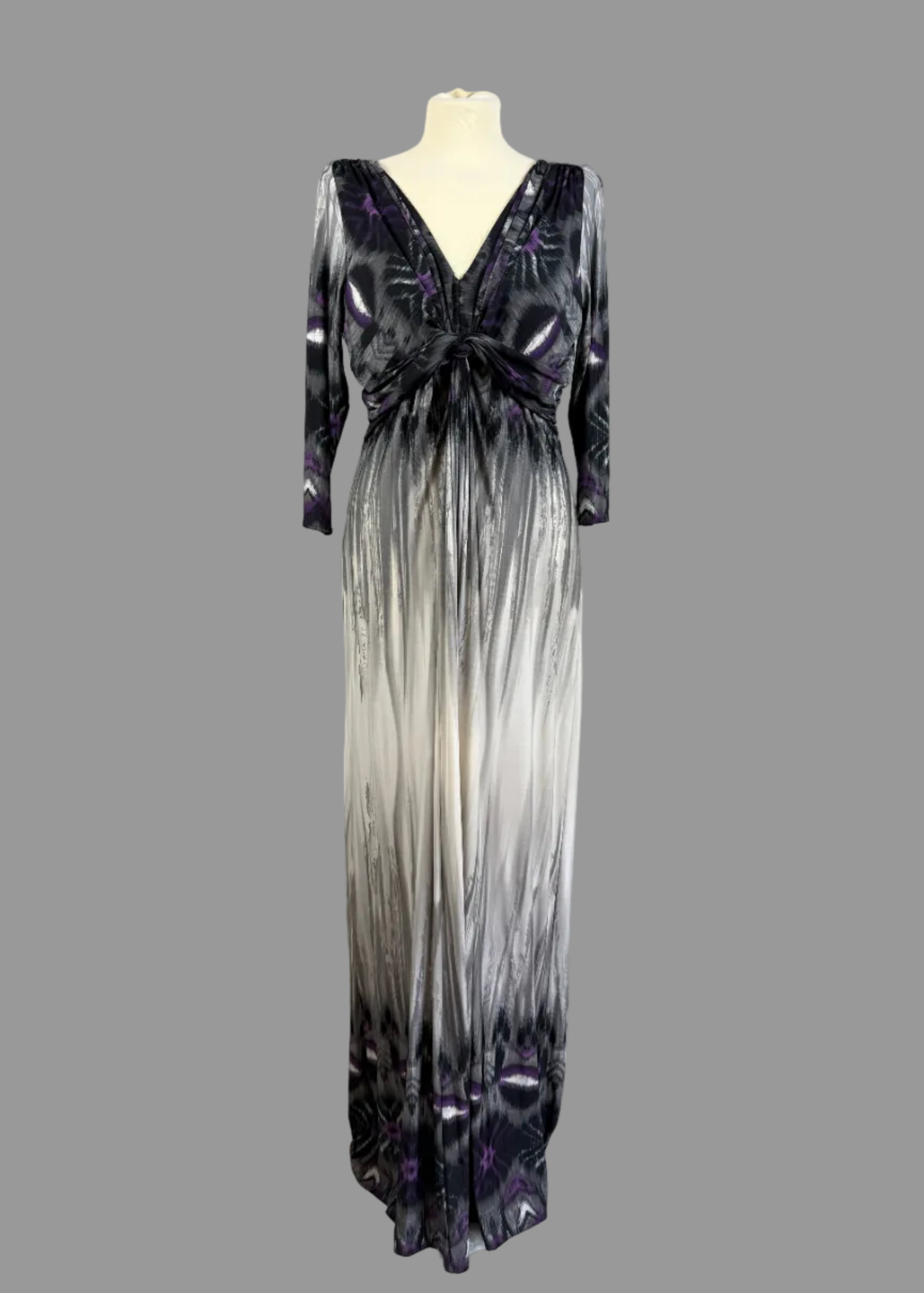 Linea Grey Purple Abstract Knot Front Maxi Dress UK 18 - Preloved