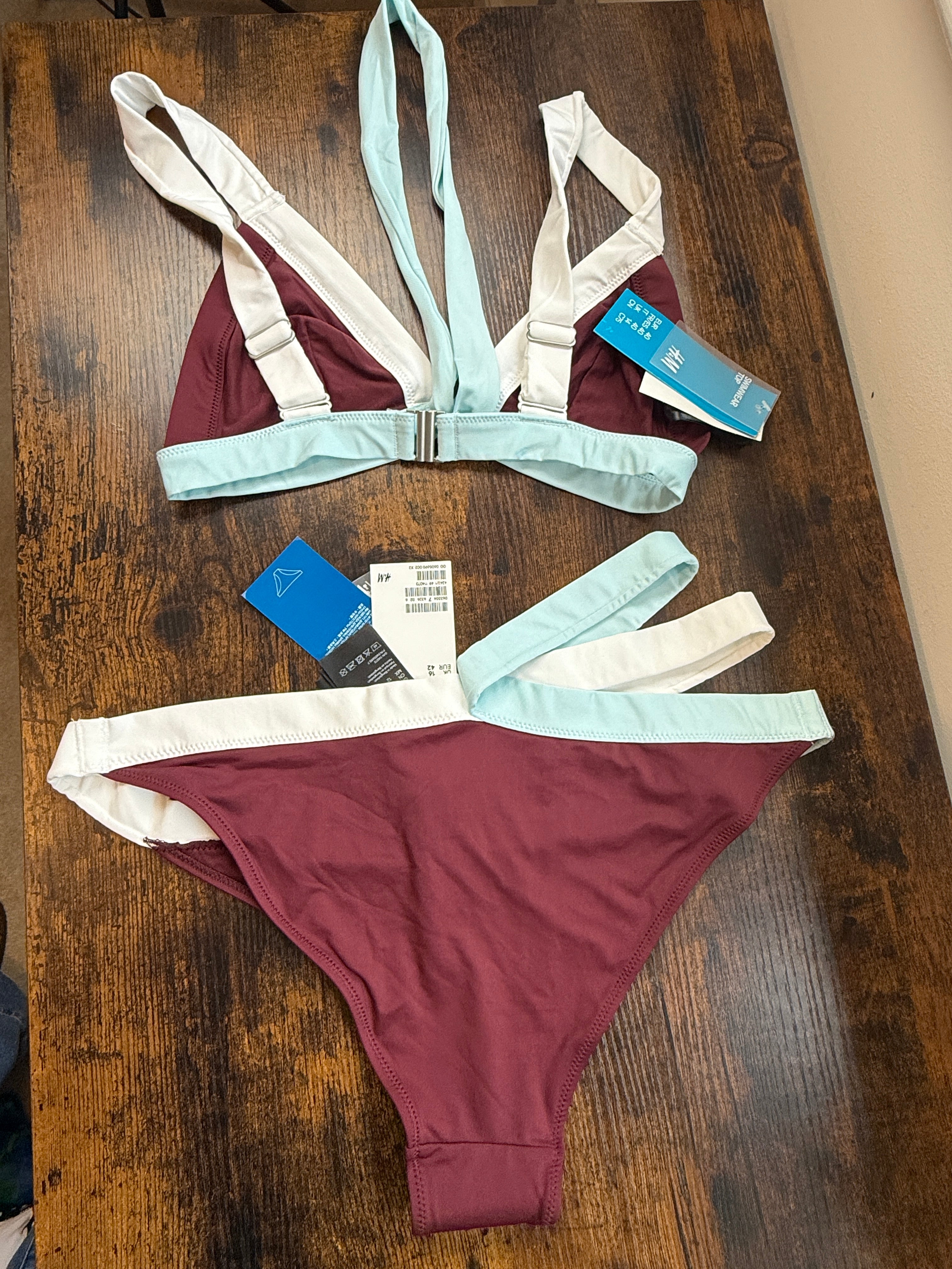 BNWT H&M Burgundy Contrast Trim Bikini Set UK 14 Top UK 16 Bottoms