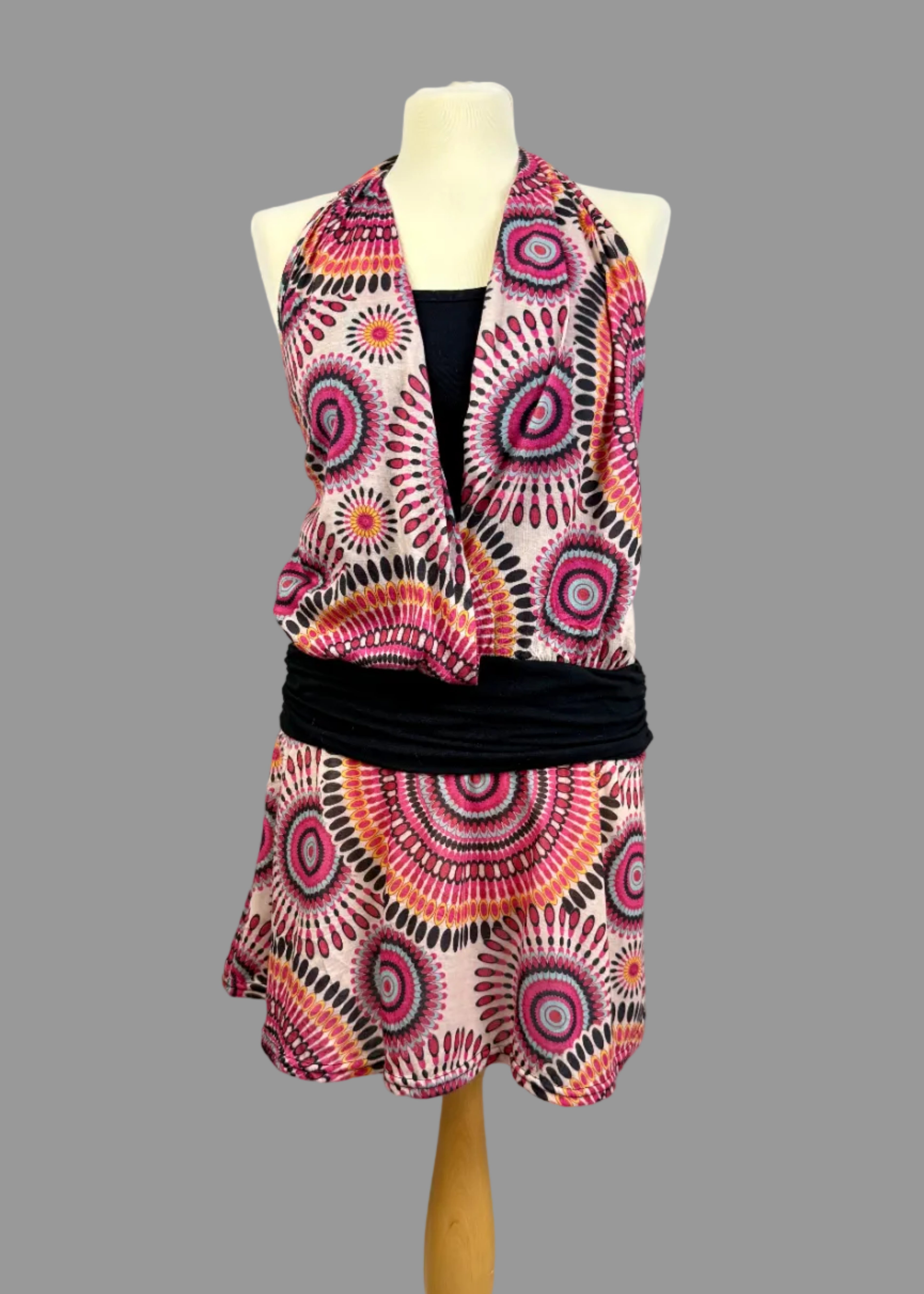 Canela Pink Geometric Halterneck Mini Dress Boho Festival Style Size S