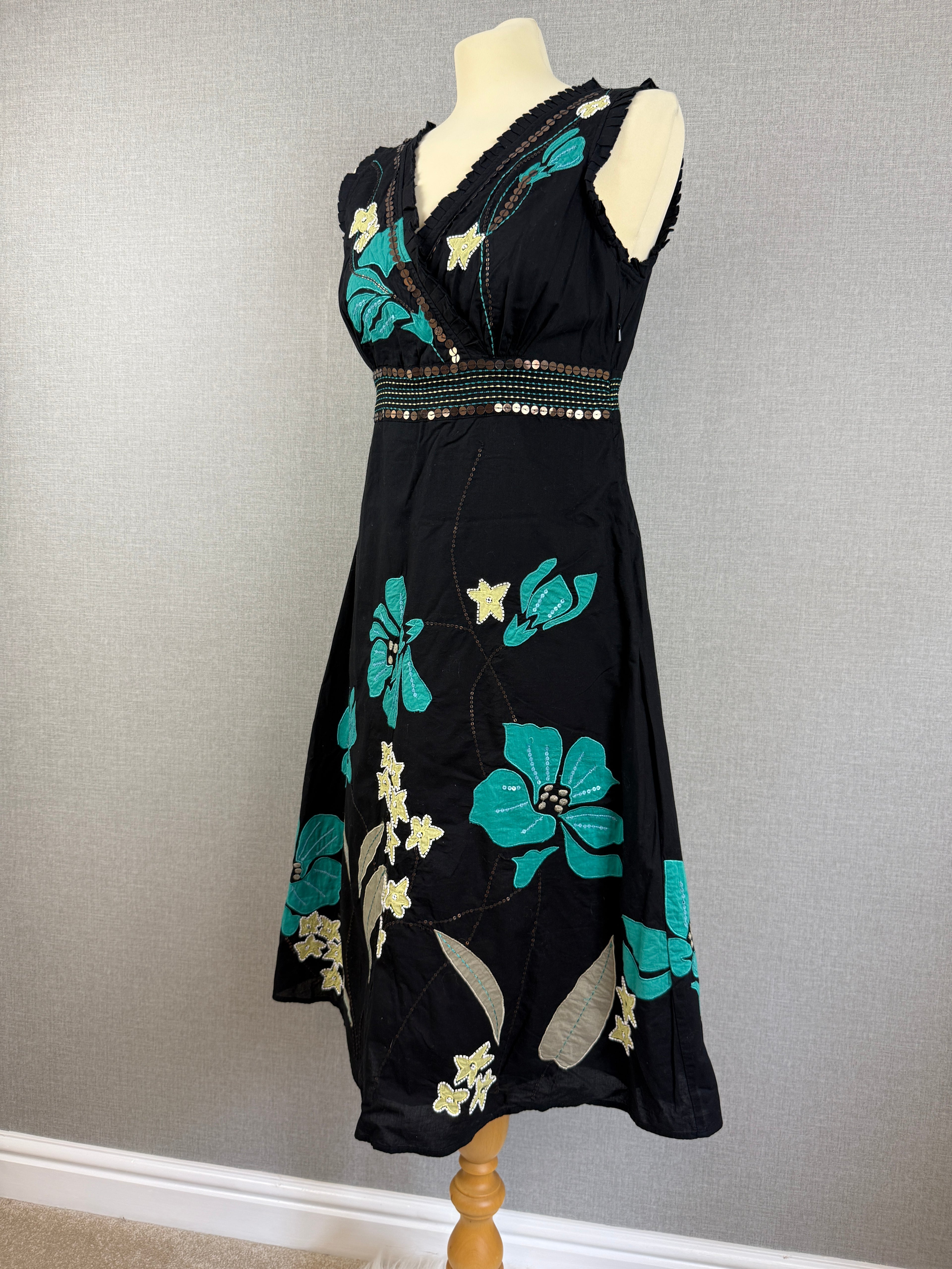 Rocha John Rocha Black Embroidered Floral Cotton Dress UK 12 – Preloved