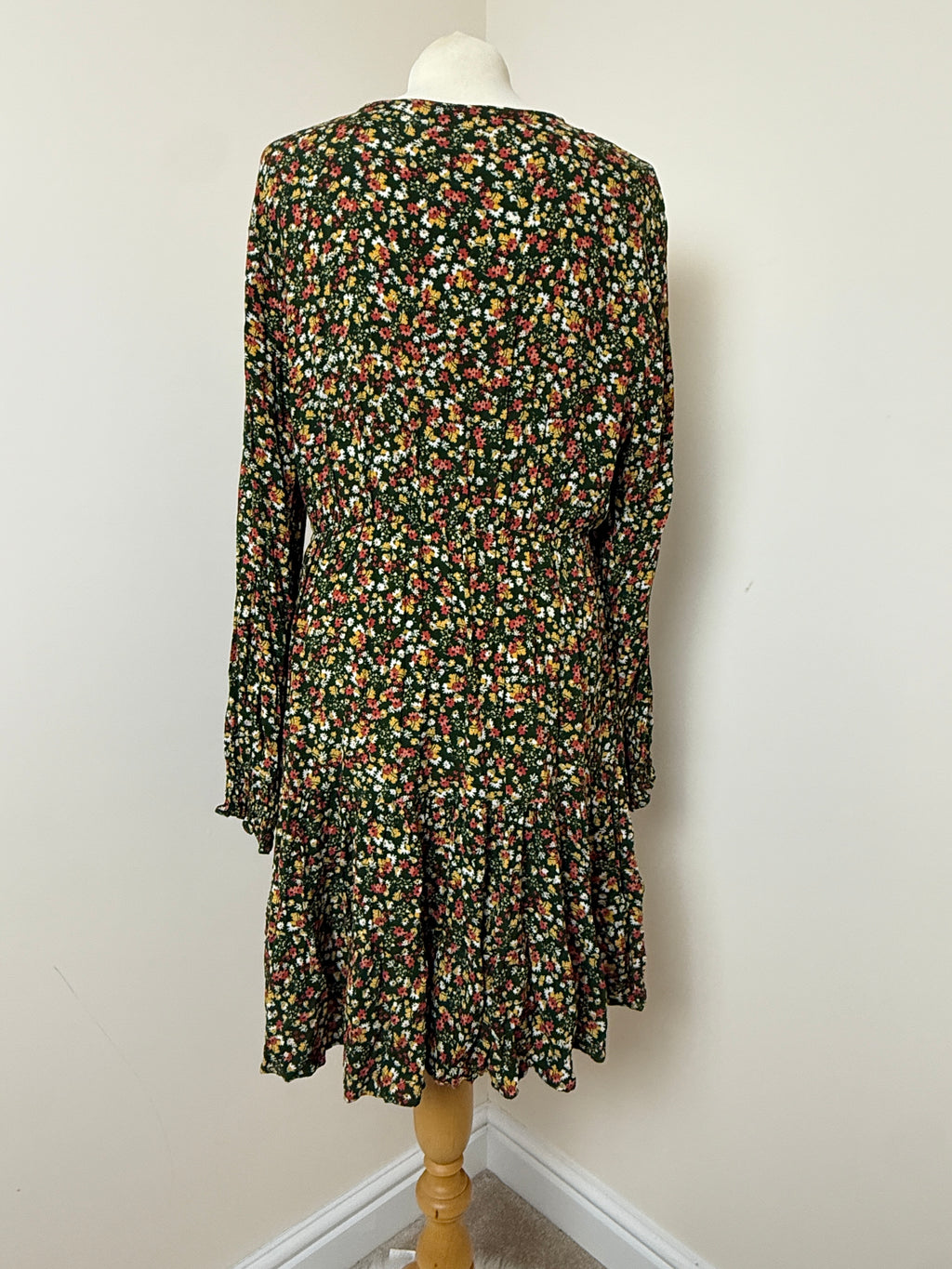 Apricot Green Ditsy Floral Smock Dress UK16 Long Sleeve Boho