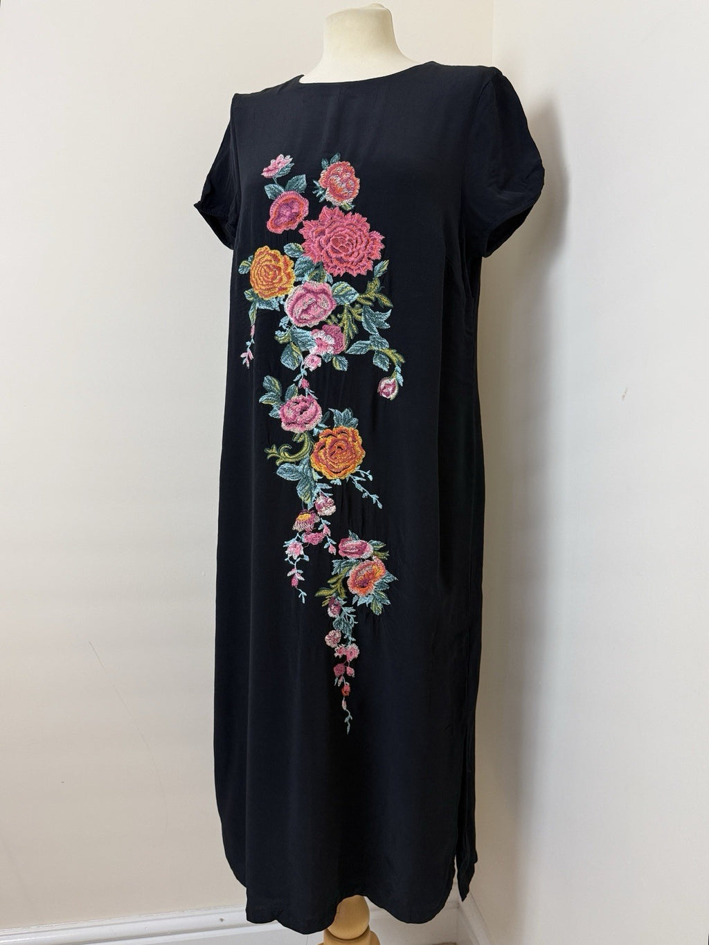 Per Una M&S Black Embroidered Floral Midi Dress UK14 Boho