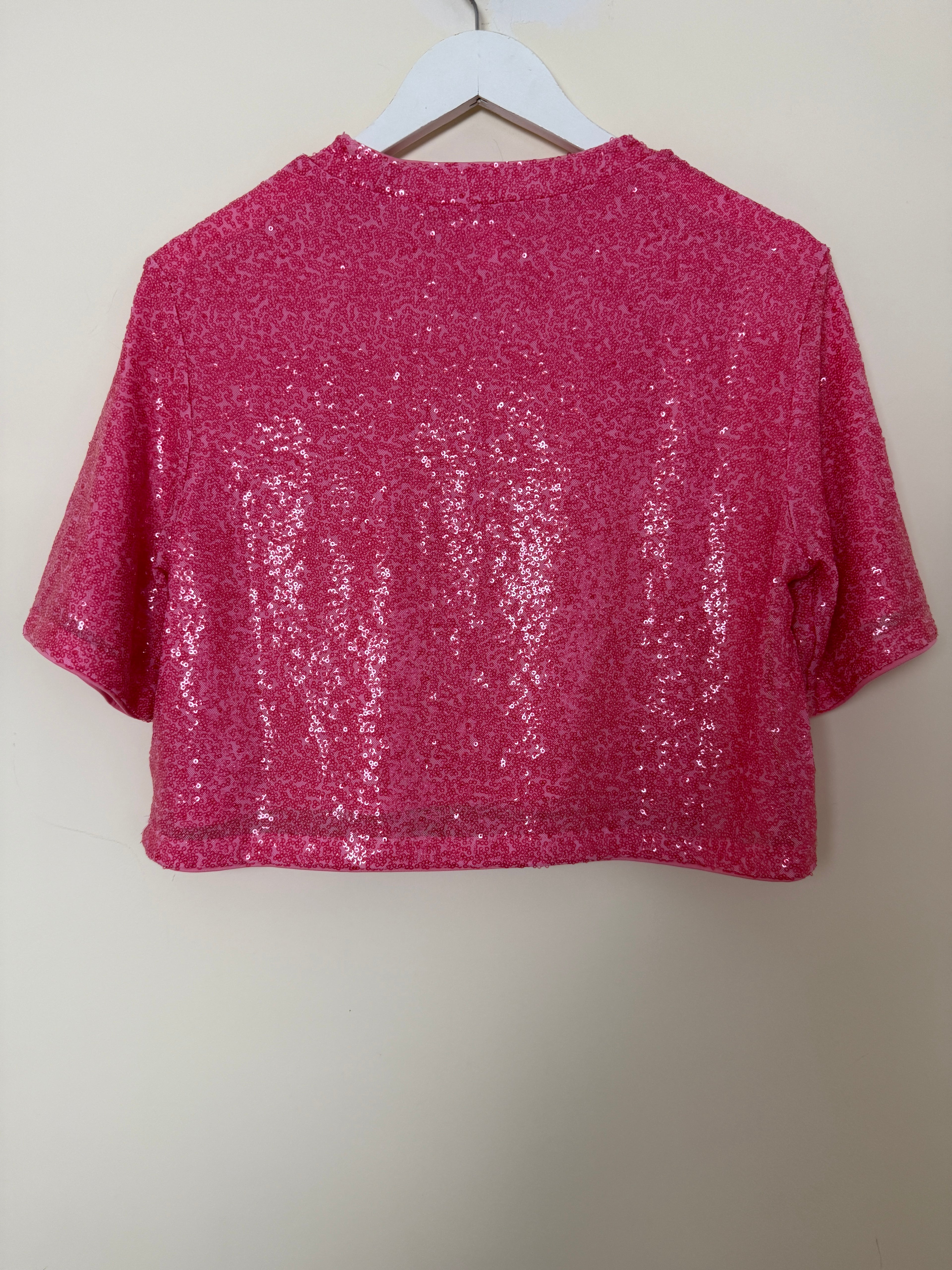 H&M Pink Sequin Crop Top Womens Small Party Glitter