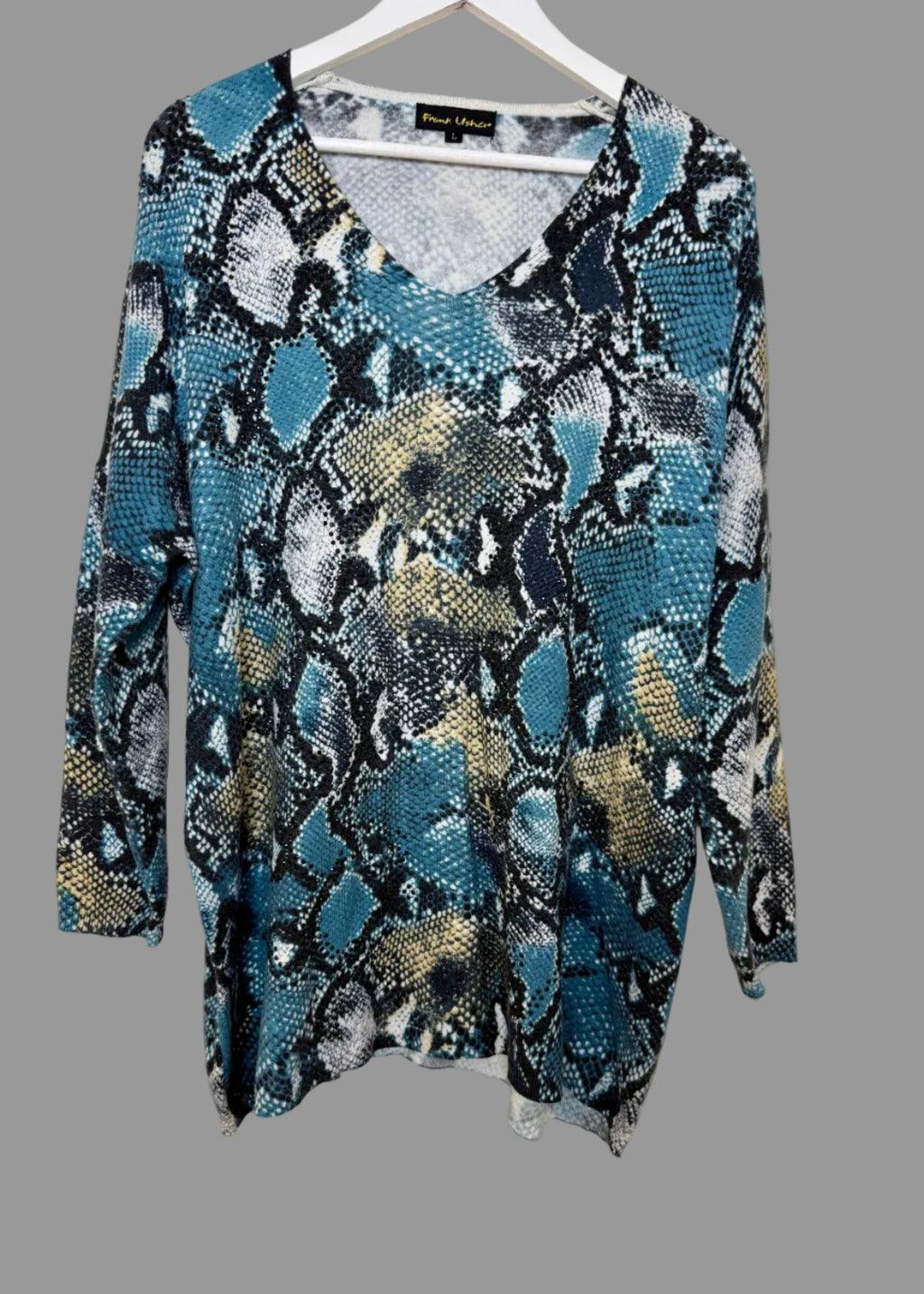 Frank Usher Turquoise Black Snakeskin Pattern Embellished V Neck Jumper - Large
