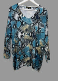 Frank Usher Turquoise Black Snakeskin Pattern Embellished V Neck Jumper - Large