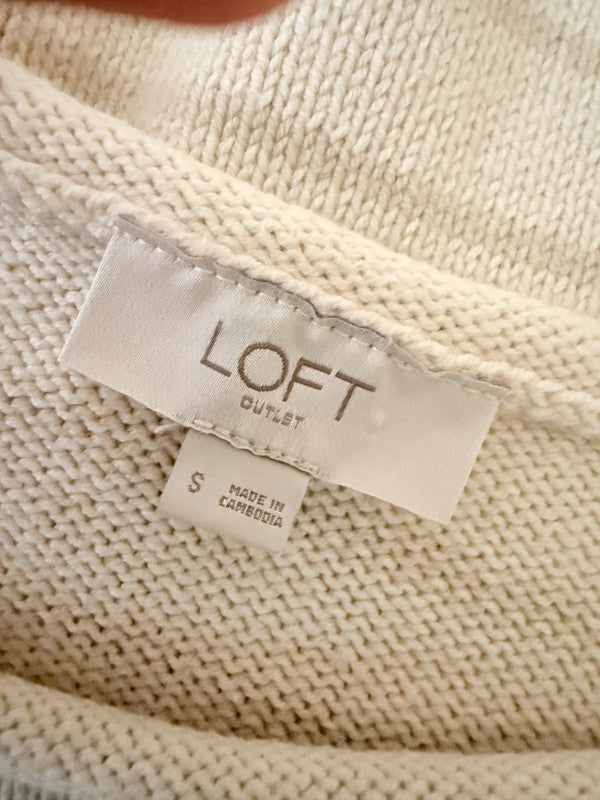 LOFT Cotton Blend Ivory Striped Crew Neck Jumper - Small