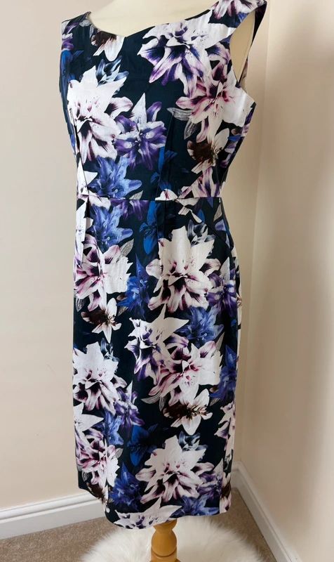 F&F Floral Pencil Dress Purple Black Pink Sleeveless Stretch UK14