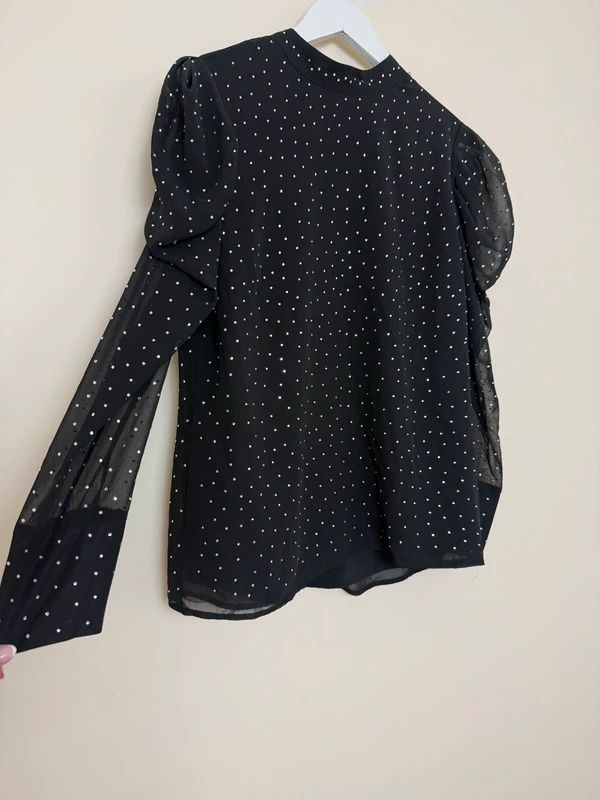 River Island Black Ruched Sheer Arms Diamante Blouse - UK12