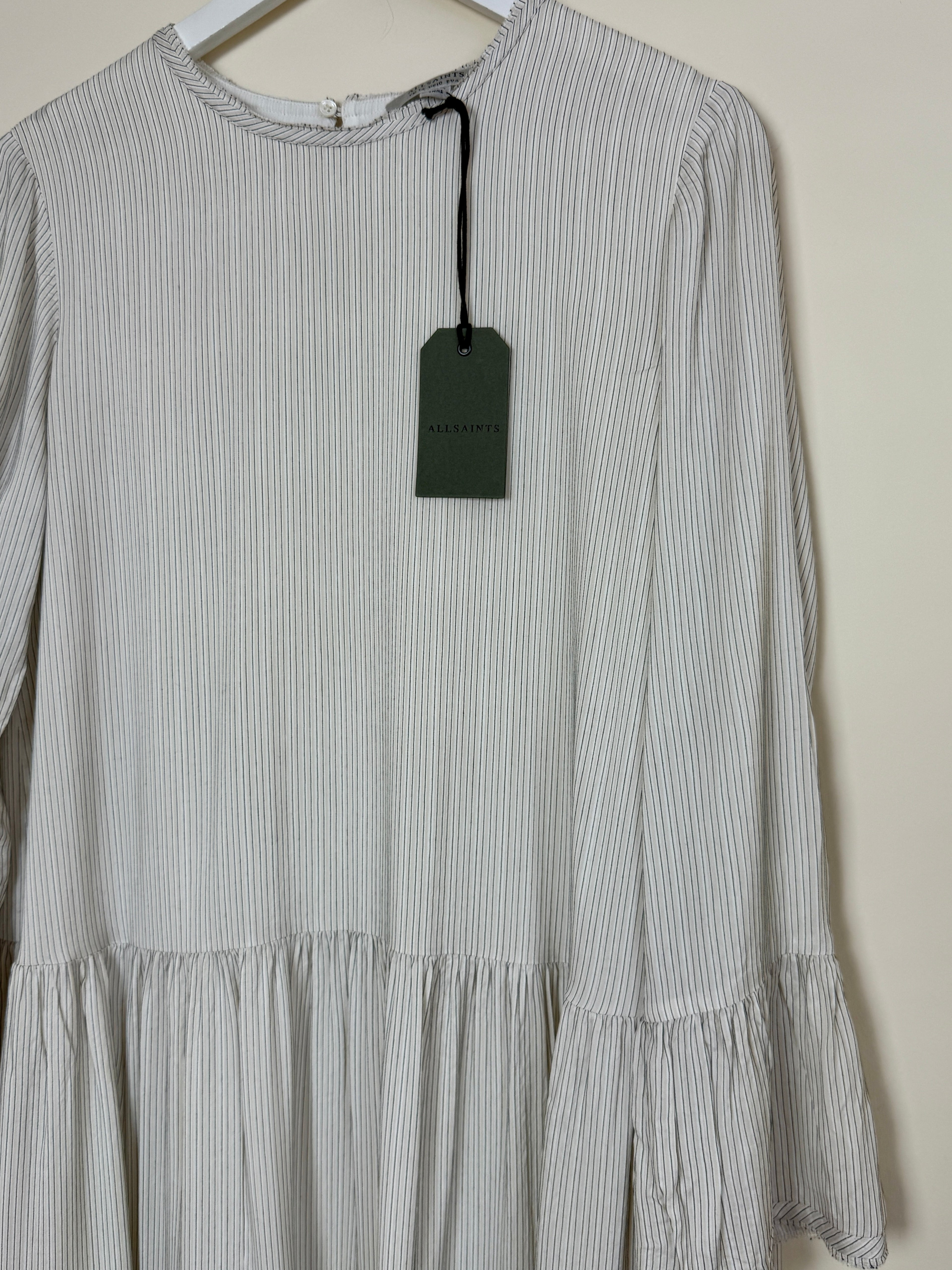 AllSaints Lori Stripe Midi Dress Chalk White Silk Blend UK 14 BNWT