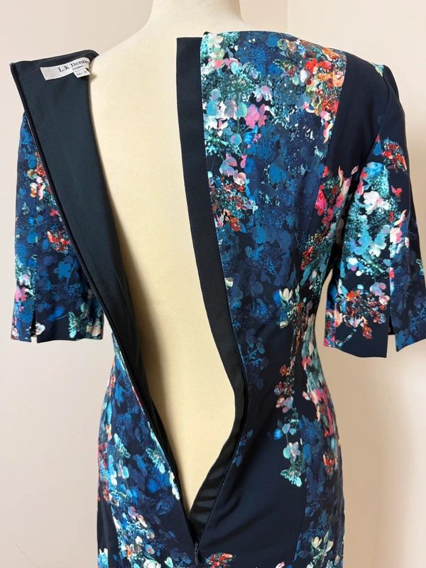 LK Bennett Marli Navy Blue Floral Print Dress with Ruched Waist – Occasion Smart Lined, UK 8, VGC