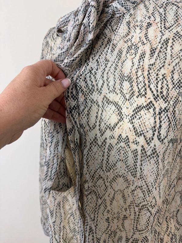 Mango Snake Print Blouse Black White Sheer Tie Neck Long Sleeve Small