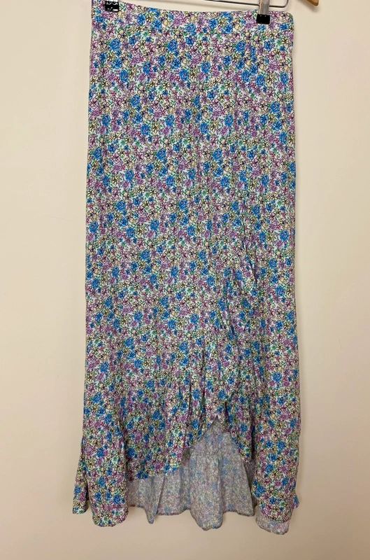 Papaya Pink Blue Ditsy Floral Maxi Skirt Ruffle Hem Split UK 8