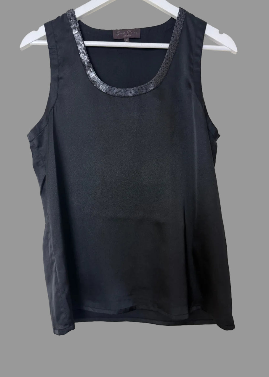 Great Plains Black Satin Sleeveless Top Sequin Neckline Size M
