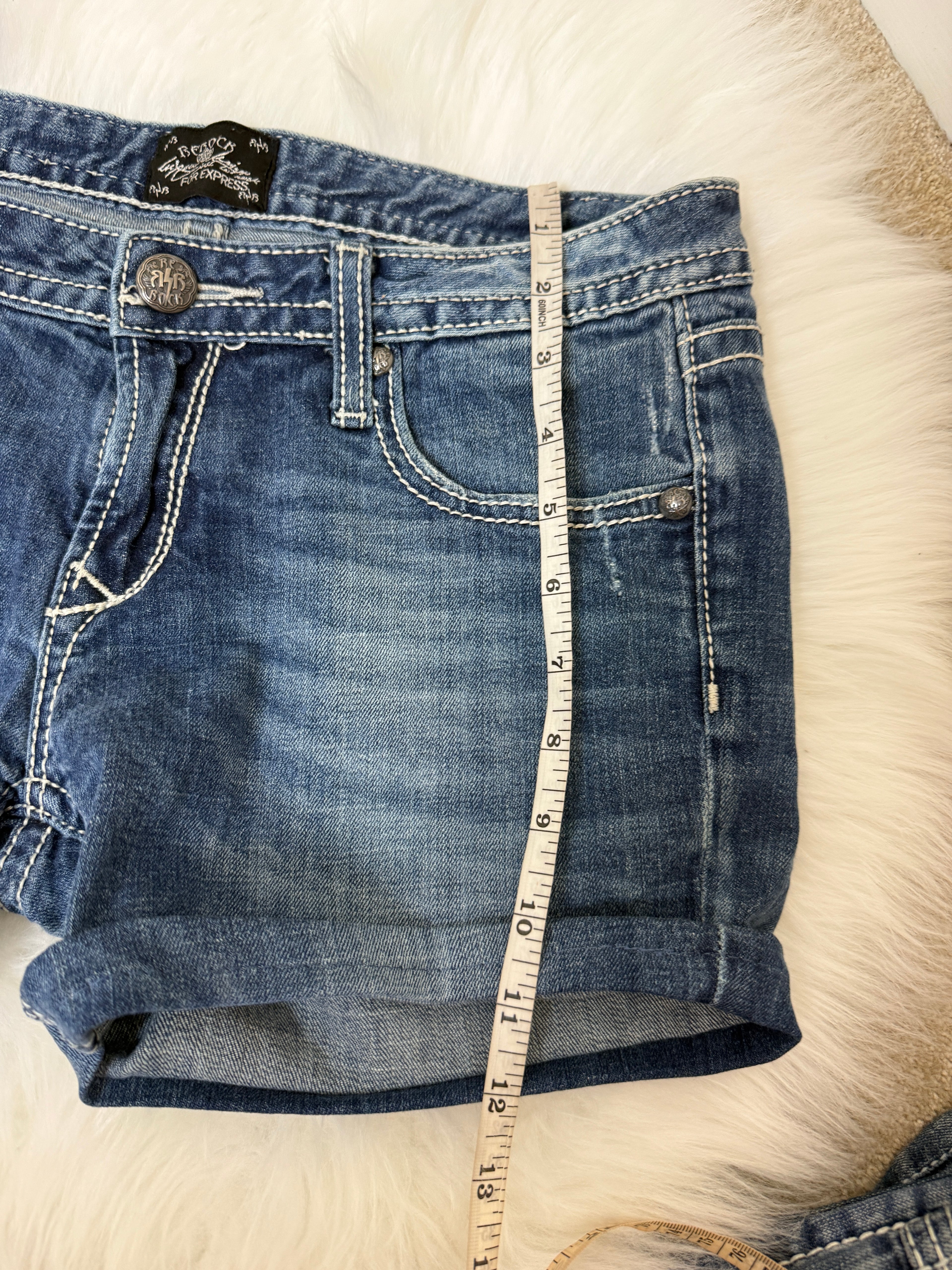 ReRock Express Y2K Western Denim Shorts Dark Wash Embroidered Contrast Stitch UK12
