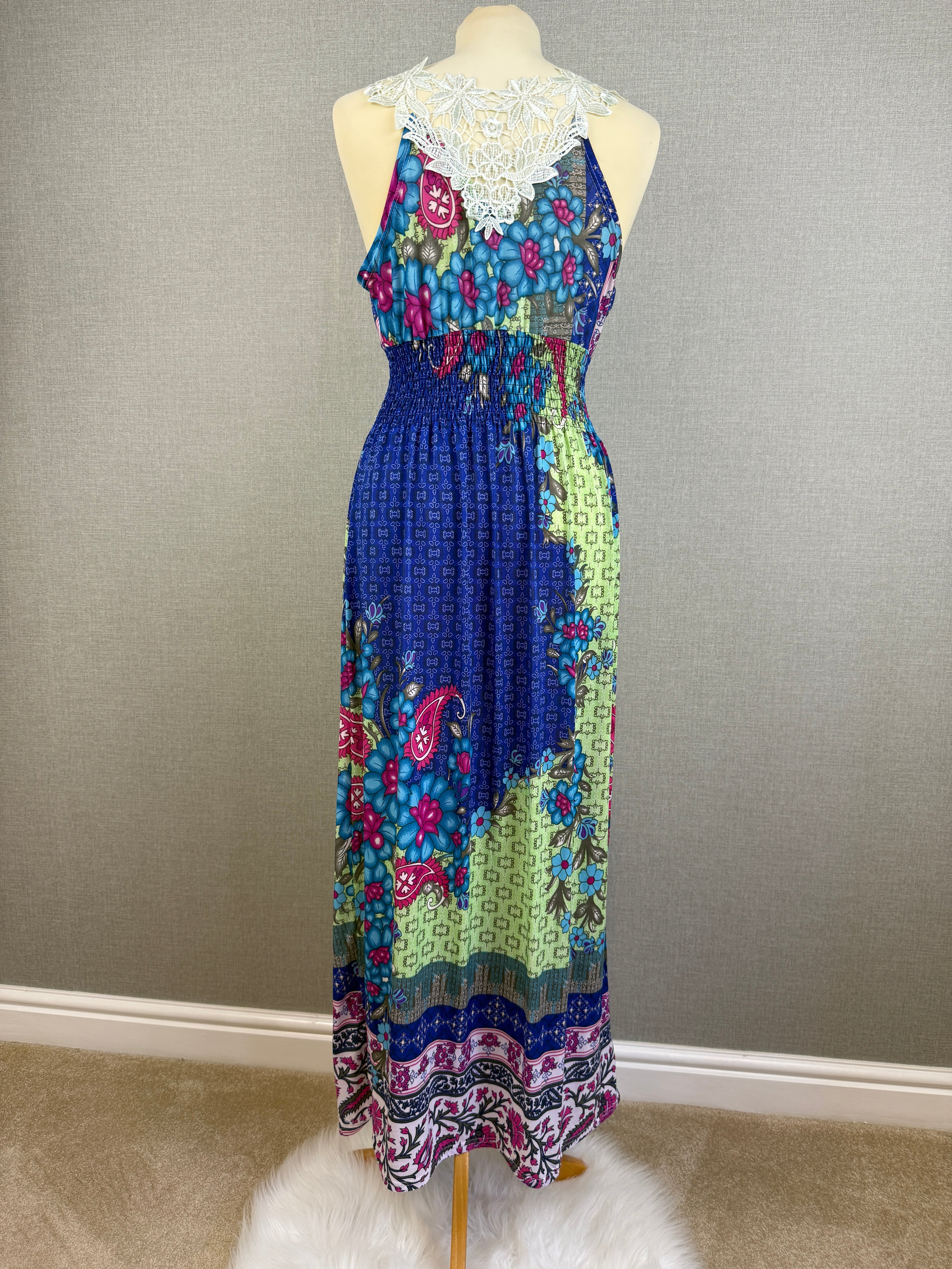 O.SHA Floral Paisley Crochet Back Maxi Dress Size M Blue Green