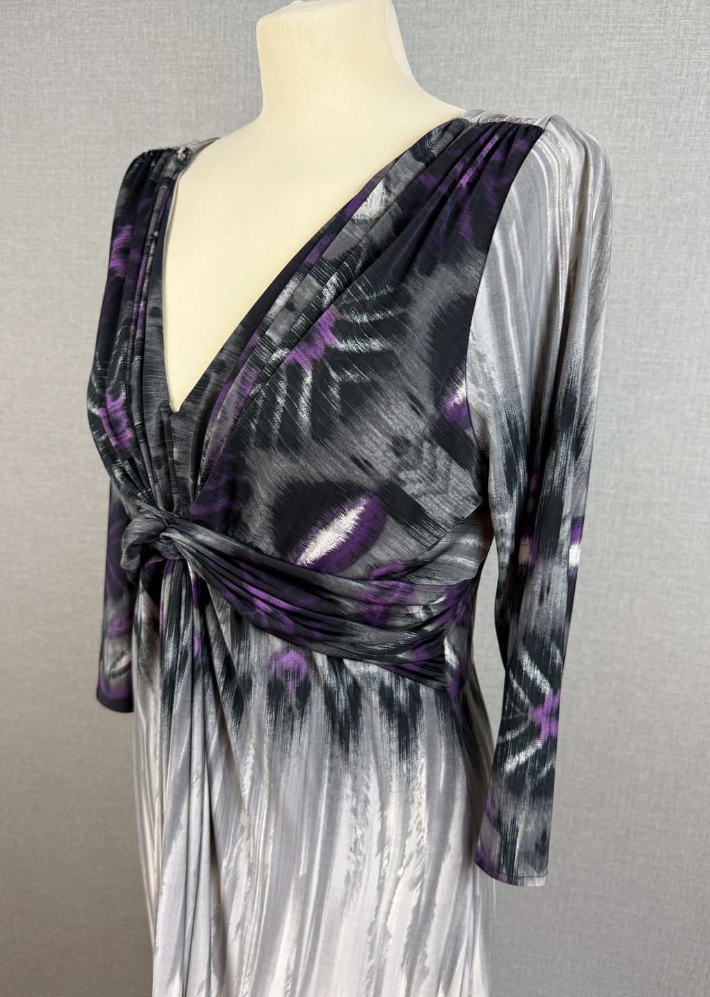 Linea Grey Purple Abstract Knot Front Maxi Dress UK 18 - Preloved