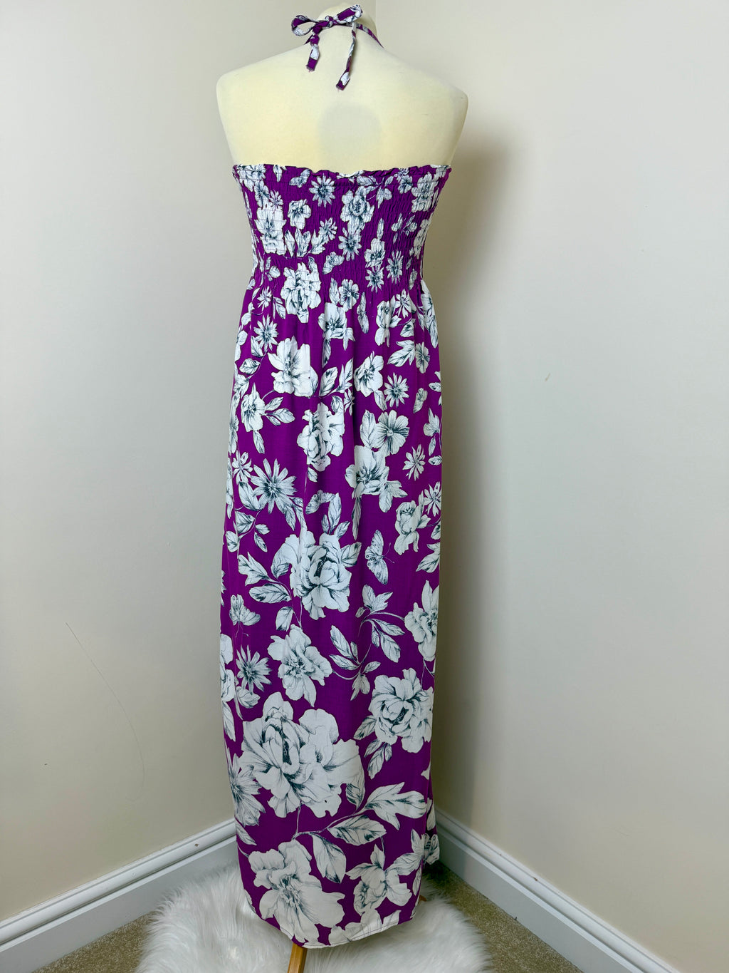M&S Woman Purple Floral Shirred Halterneck Maxi Dress Small