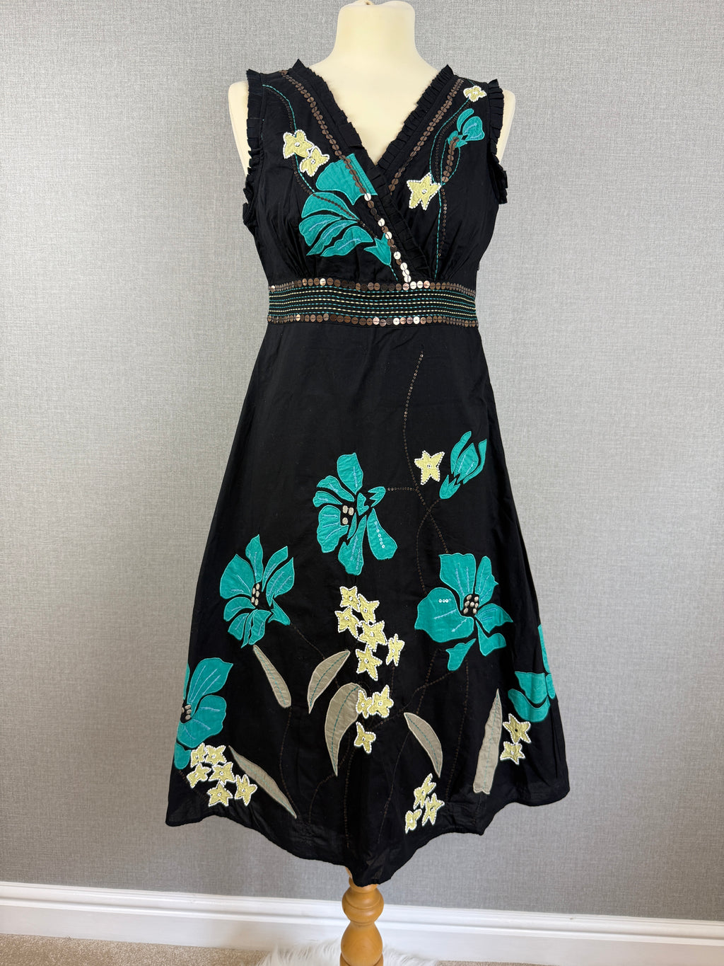Rocha John Rocha Black Embroidered Floral Cotton Dress UK 12 – Preloved