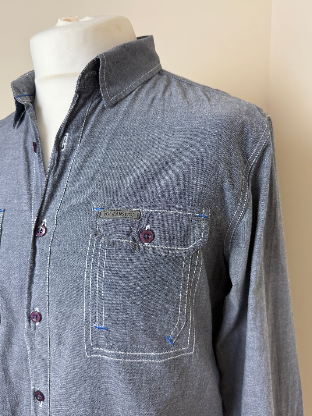 VOI Jeans Grey Chambray Utility Shirt Mens Large