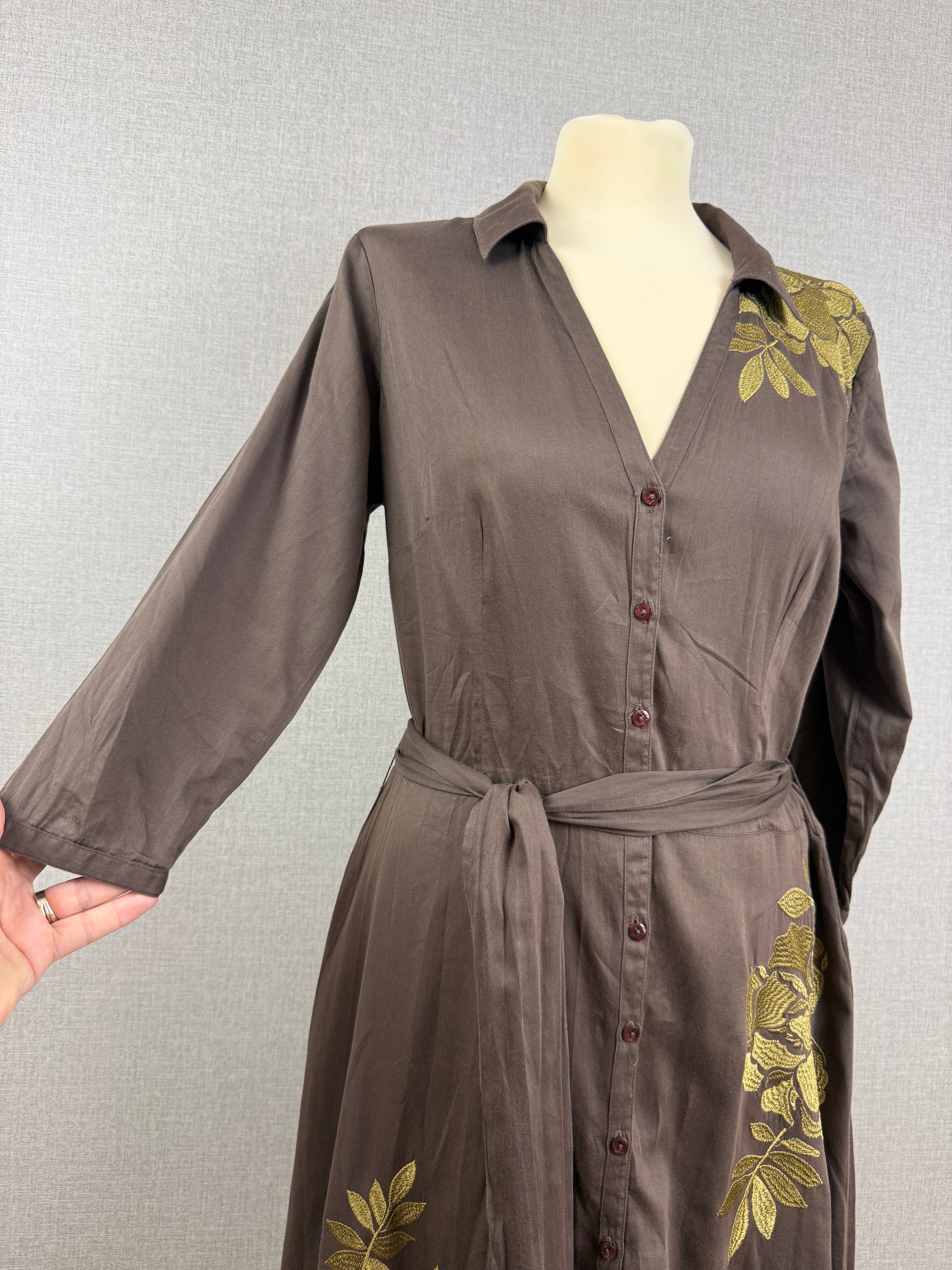 Monsoon Brown Embroidered Floral Cotton Shirt Midi Dress Tie Belt UK 14 – Preloved