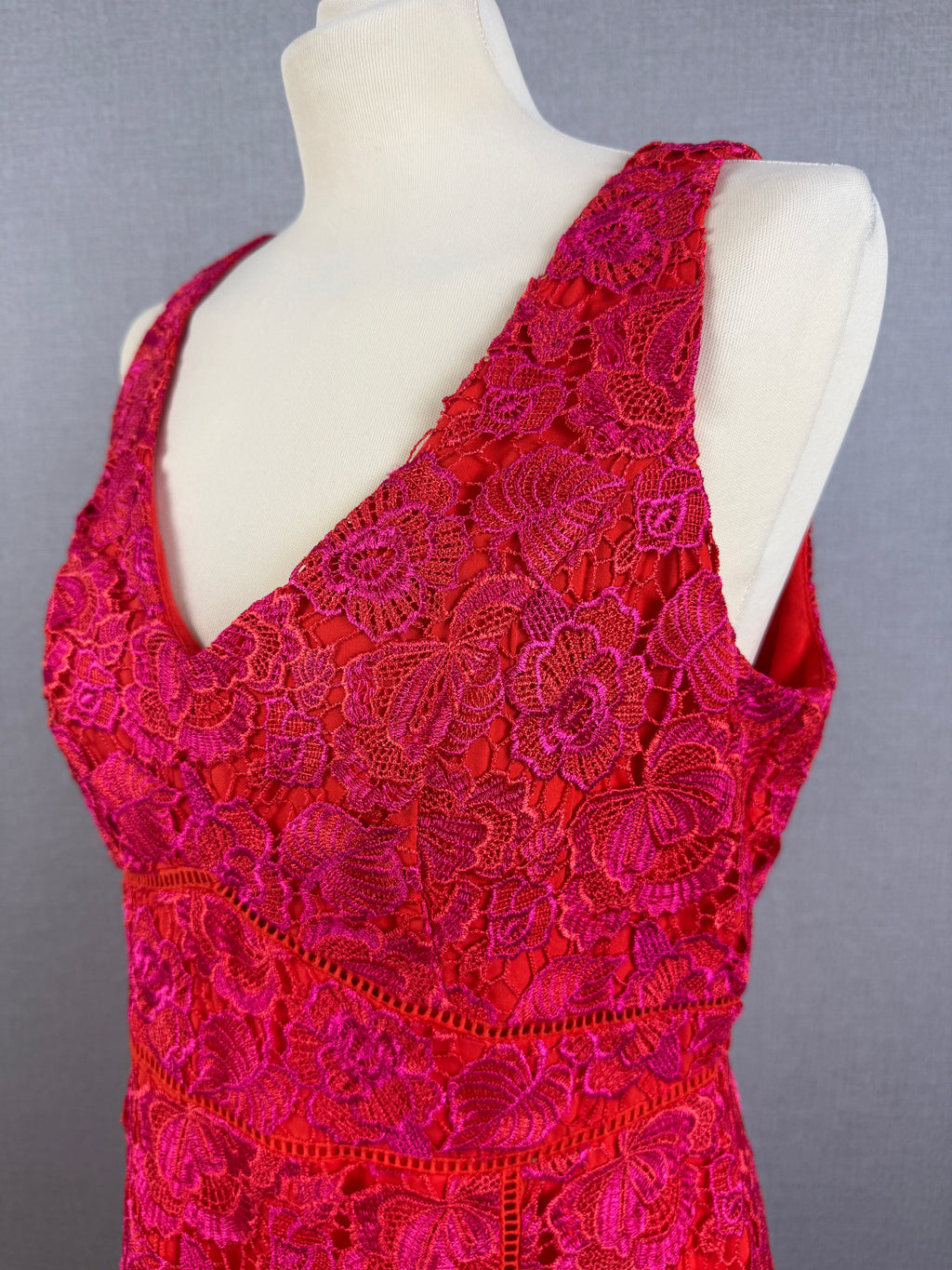 Monsoon Coral Pink Floral Lace Occasion Dress Size 14 - Preloved