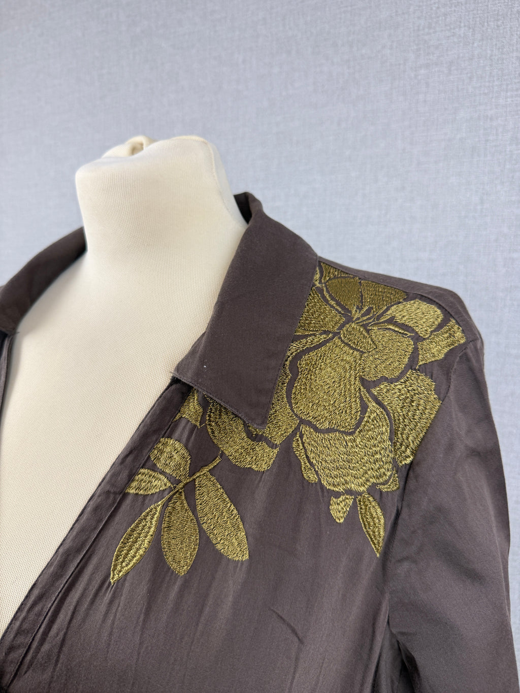Monsoon Brown Embroidered Floral Cotton Shirt Midi Dress Tie Belt UK 14 – Preloved