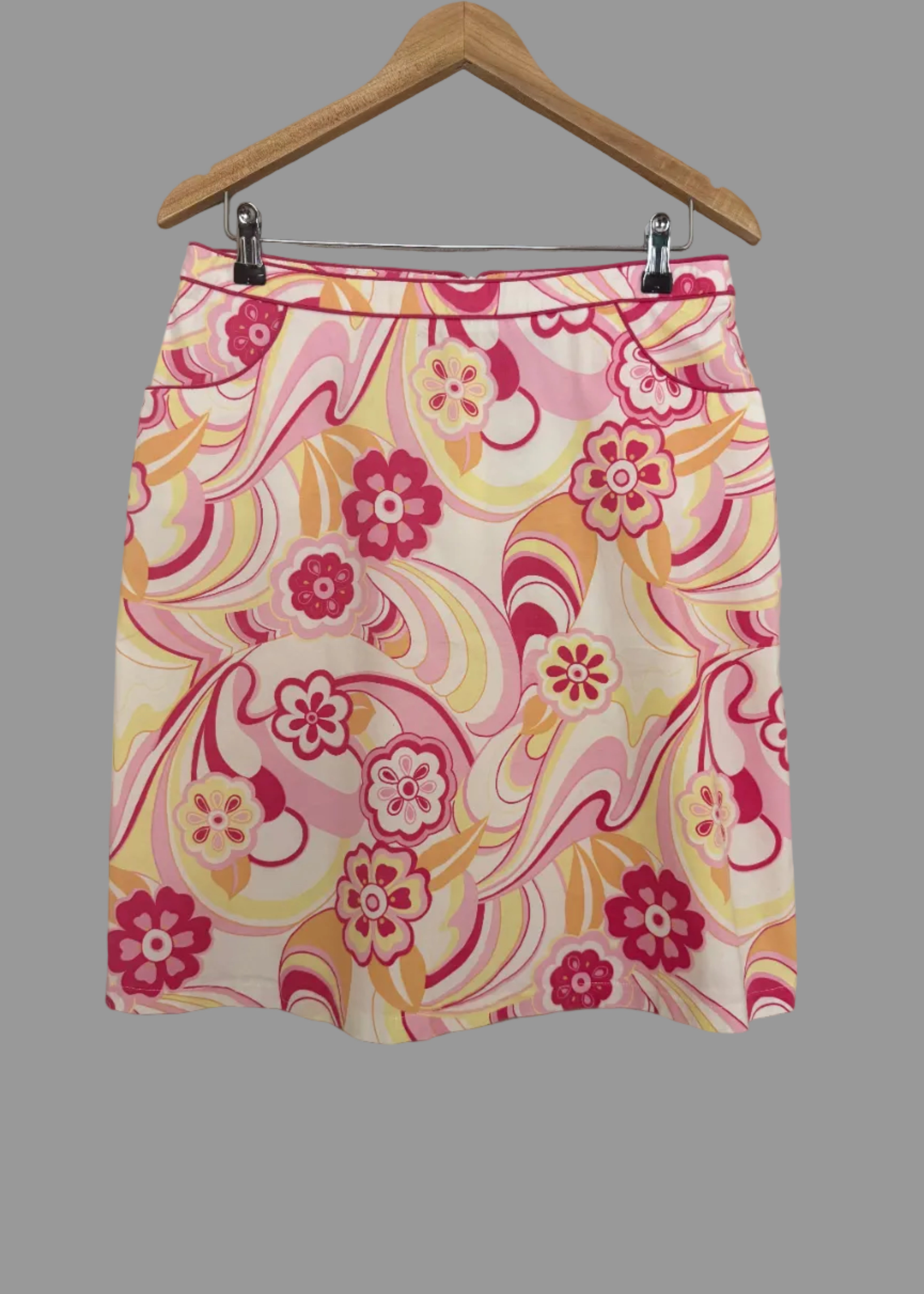 Vintage Style Pink Floral Swirl Mini Skirt Retro Mod A-Line UK14