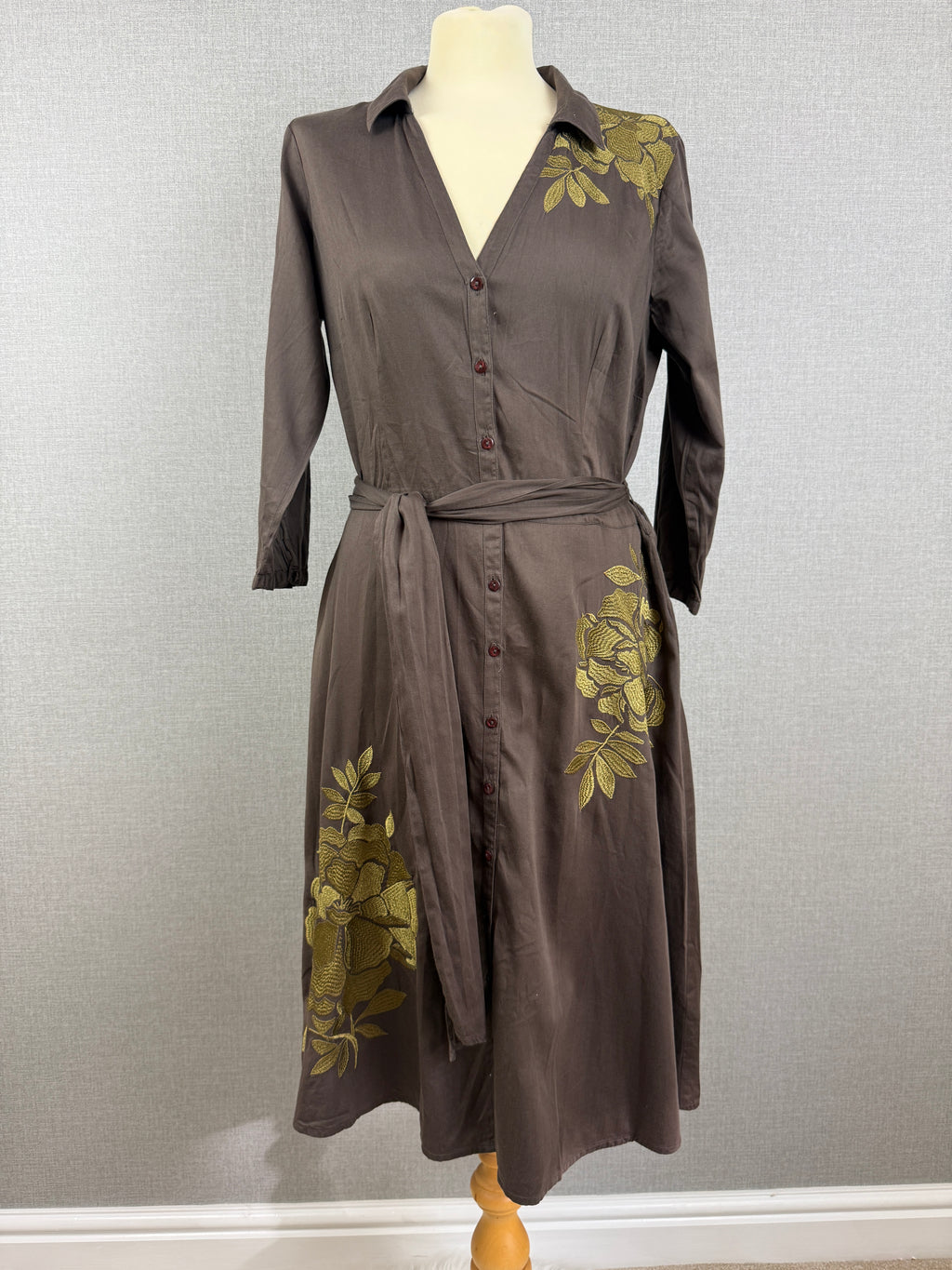 Monsoon Brown Embroidered Floral Cotton Shirt Midi Dress Tie Belt UK 14 – Preloved