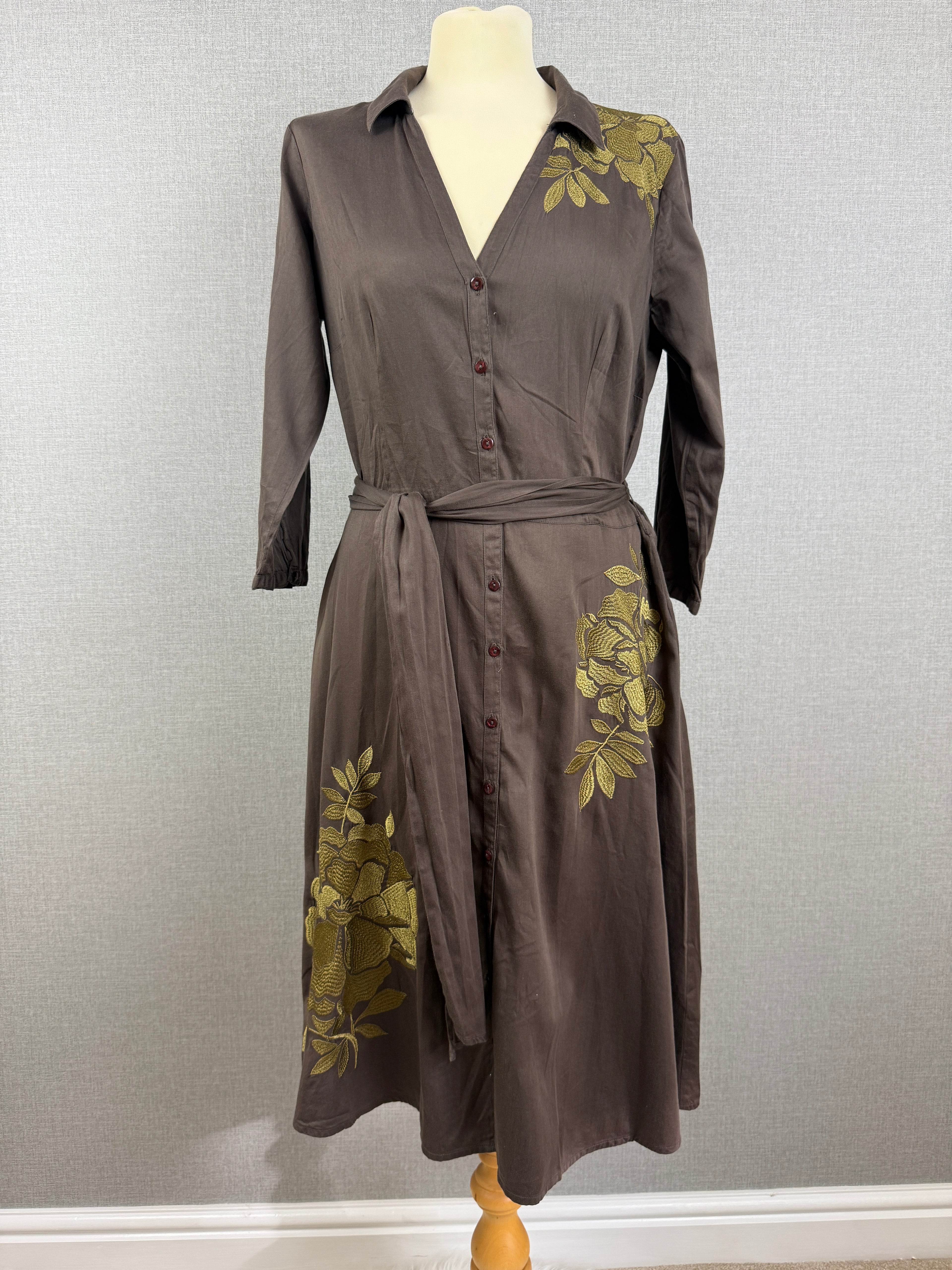 Monsoon Brown Embroidered Floral Cotton Shirt Midi Dress Tie Belt UK 14 – Preloved