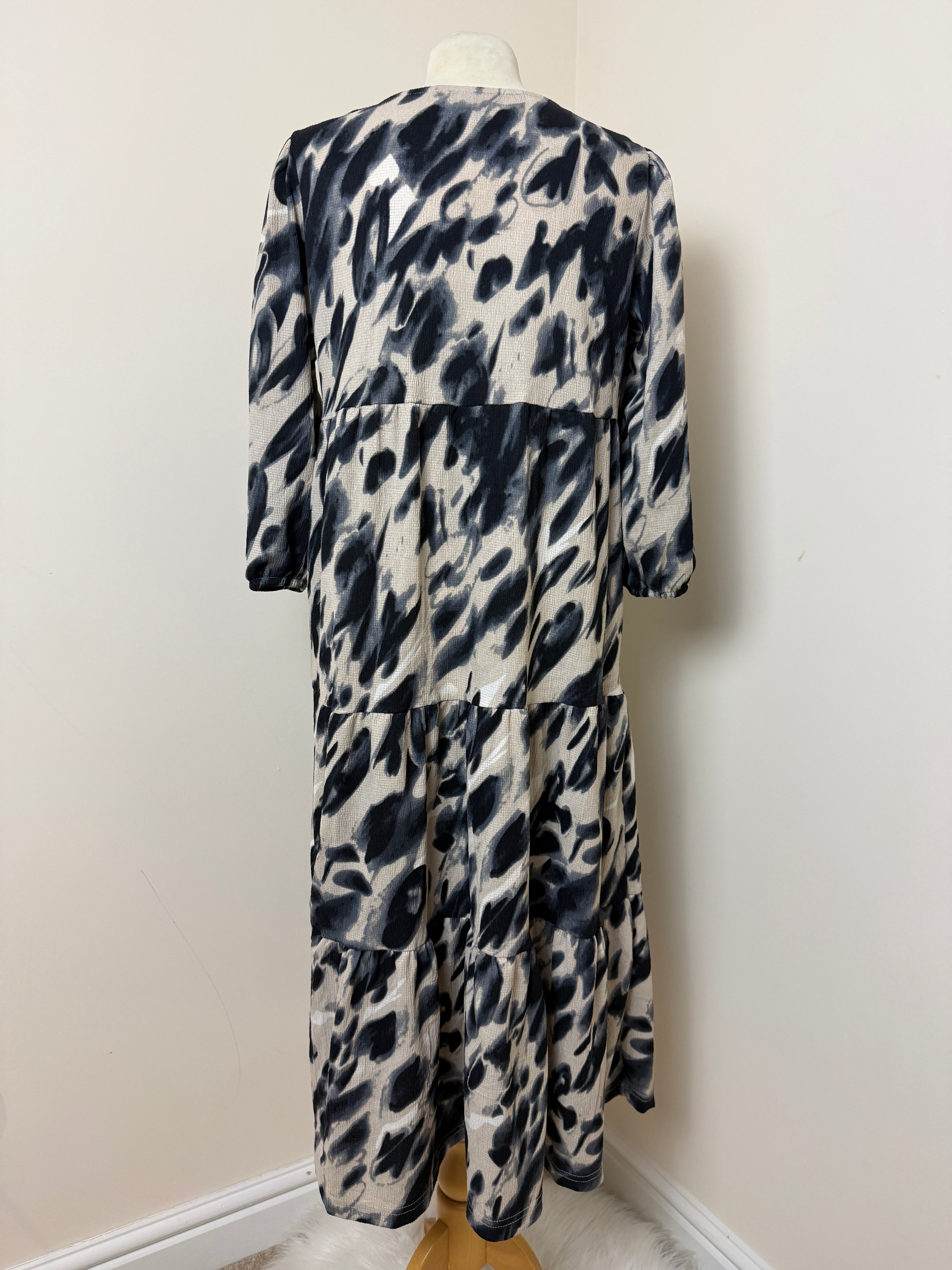 Esmara Blue Cream Black Abstract Tiered Animal Print Maxi Dress - UK12/14