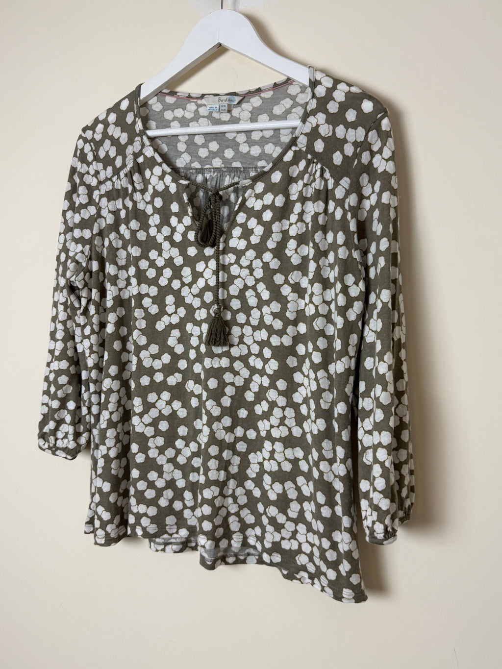 Boden Beige White Spot Print Tassel Tie Top UK 16