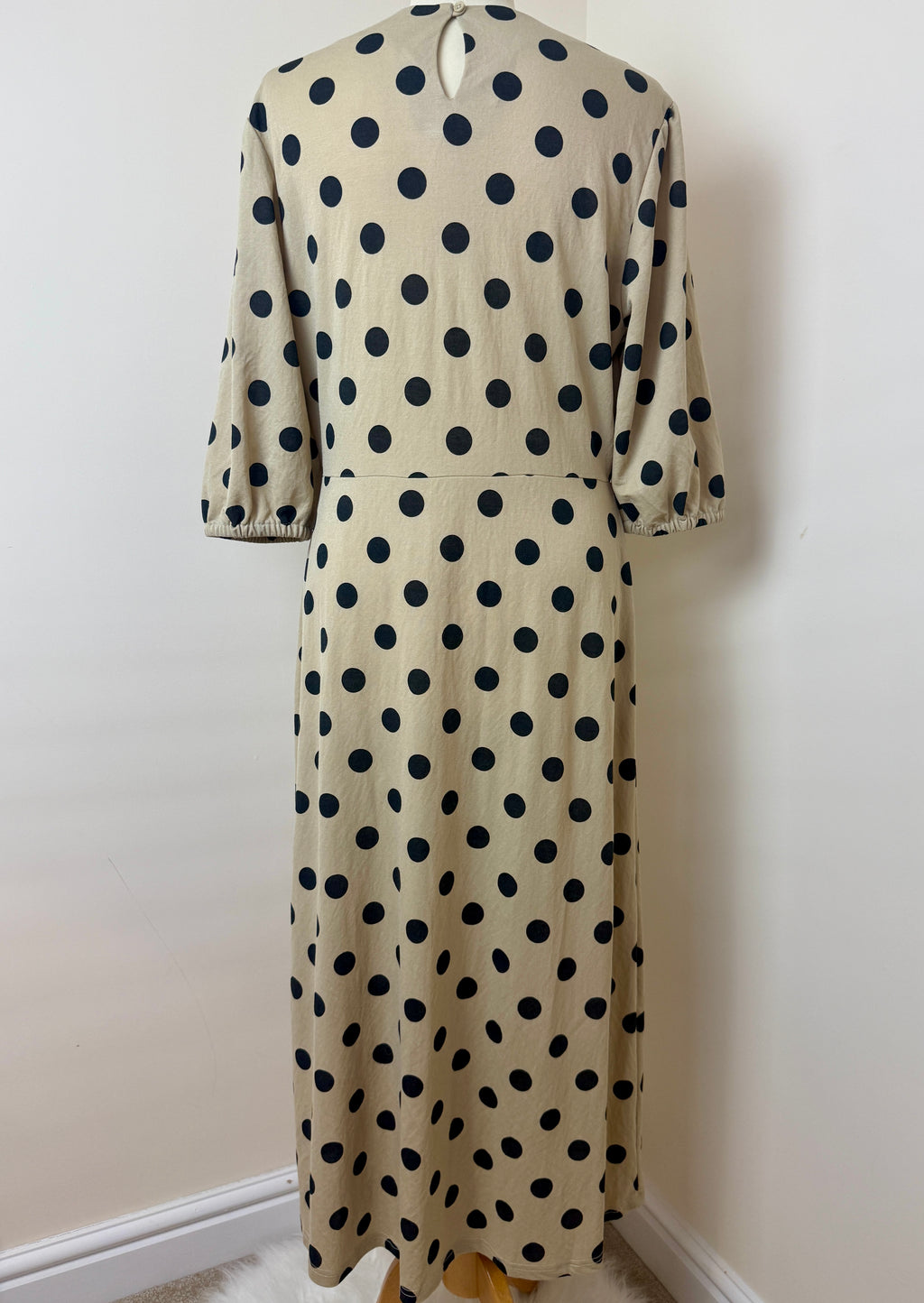 Next SP Beige Black Polka Dot Maxi Dress UK12 Puff Sleeve Dress