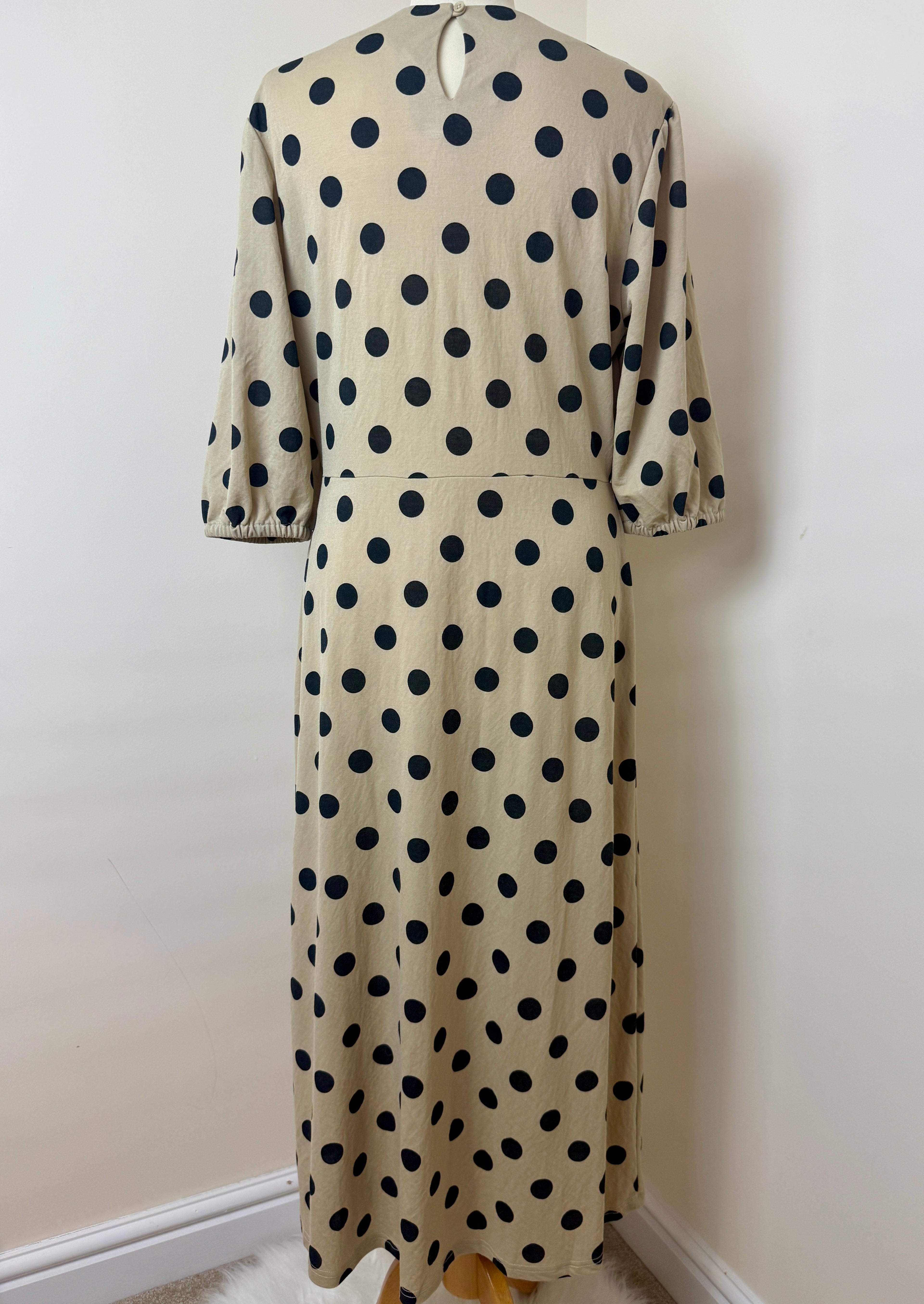Next SP Beige Black Polka Dot Maxi Dress UK12 Puff Sleeve Dress