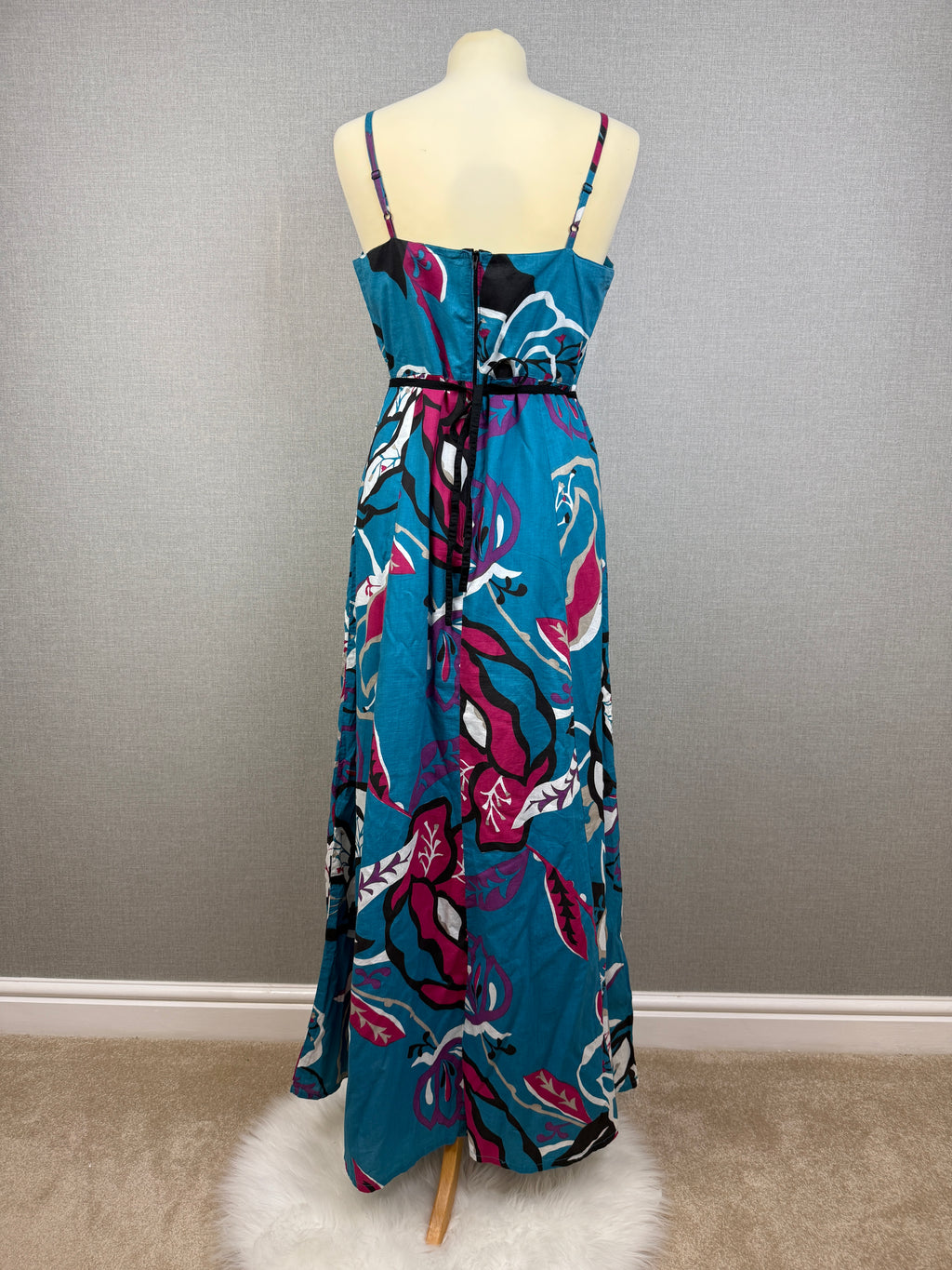 Blue Pink Floral Cotton Maxi Dress UK 12-14 Adjustable Strap Summer Dress